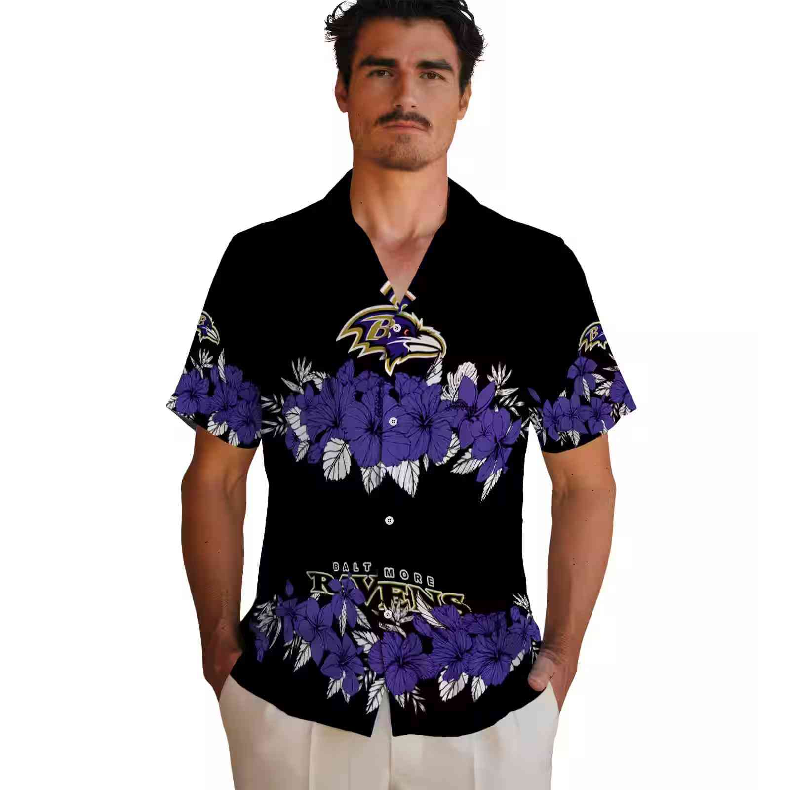 baltimore ravens hibiscus stripe purple black hawaiian shirt fashion forward