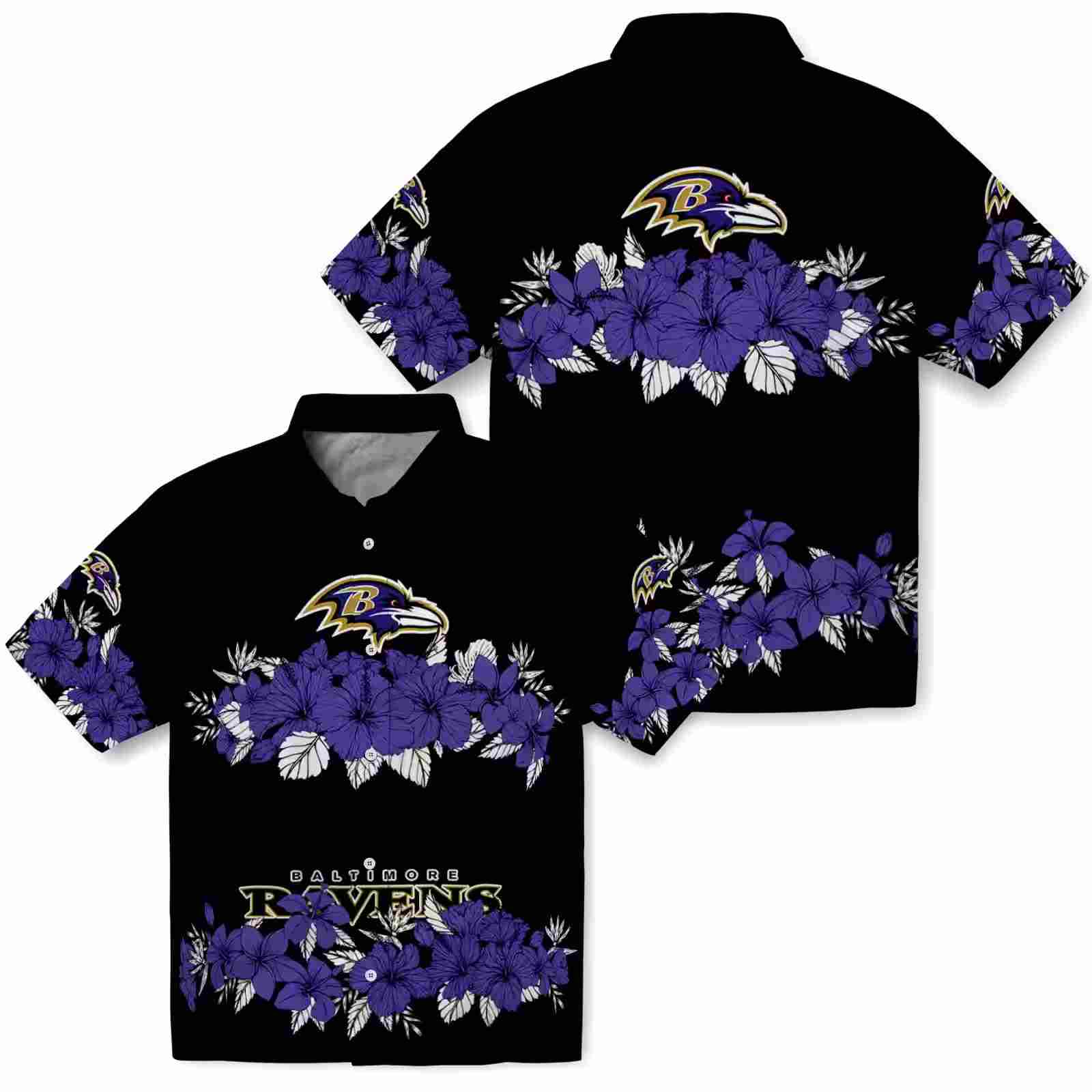 baltimore ravens hibiscus stripe purple black hawaiian shirt high quality