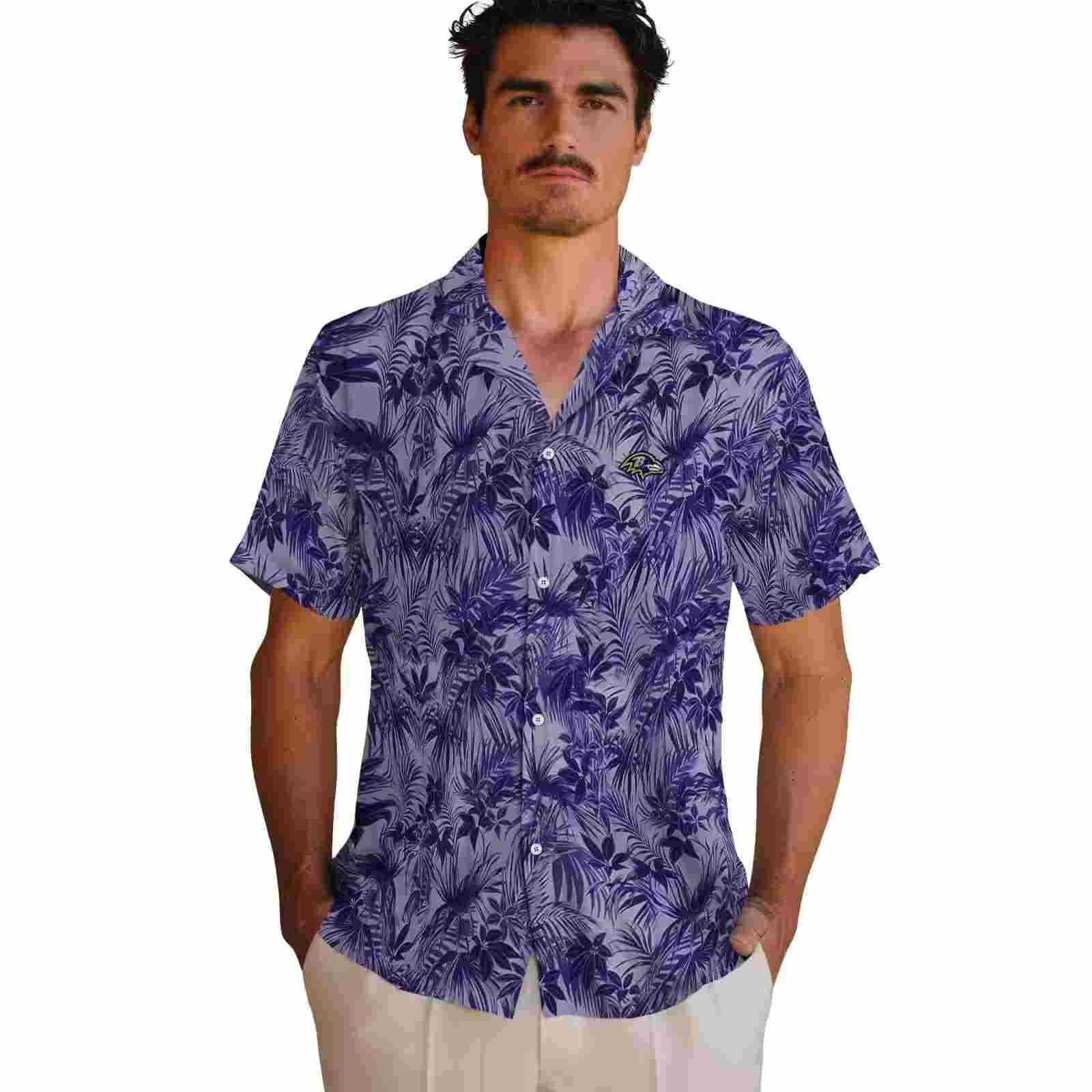 baltimore ravens leafy pattern purple hawaiian shirt fashion forward