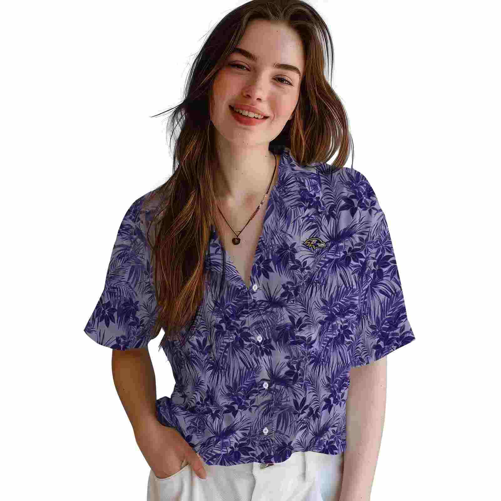 baltimore ravens leafy pattern purple hawaiian shirt latest model