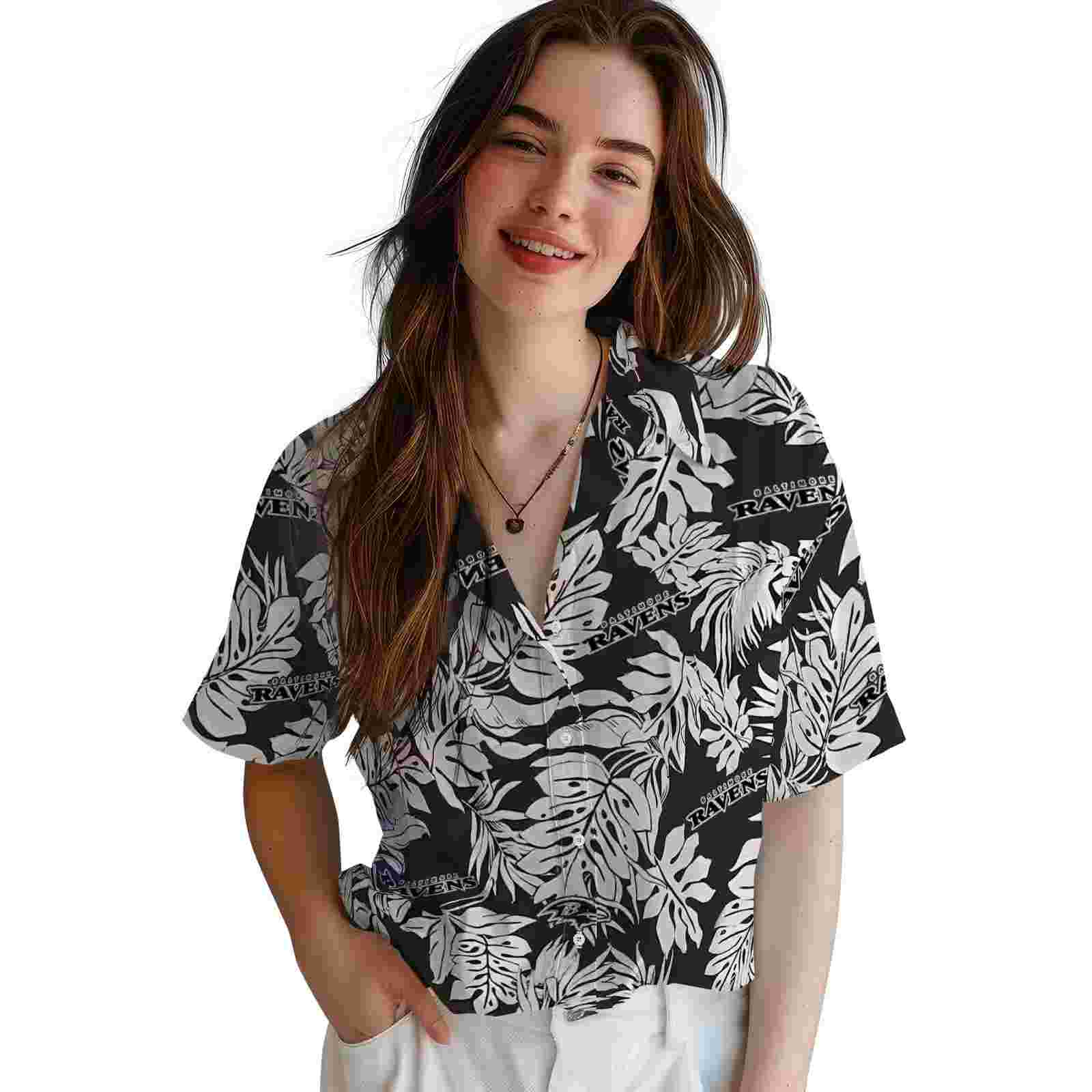 baltimore ravens monstera leaf pattern black hawaiian shirt latest model