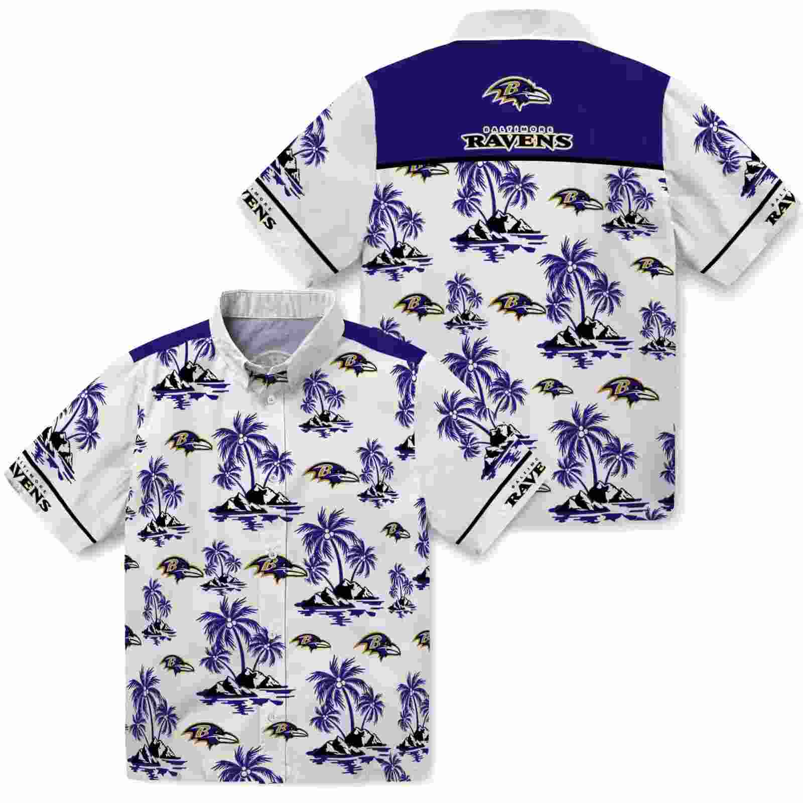 baltimore ravens palm island print purple white hawaiian shirt high quality