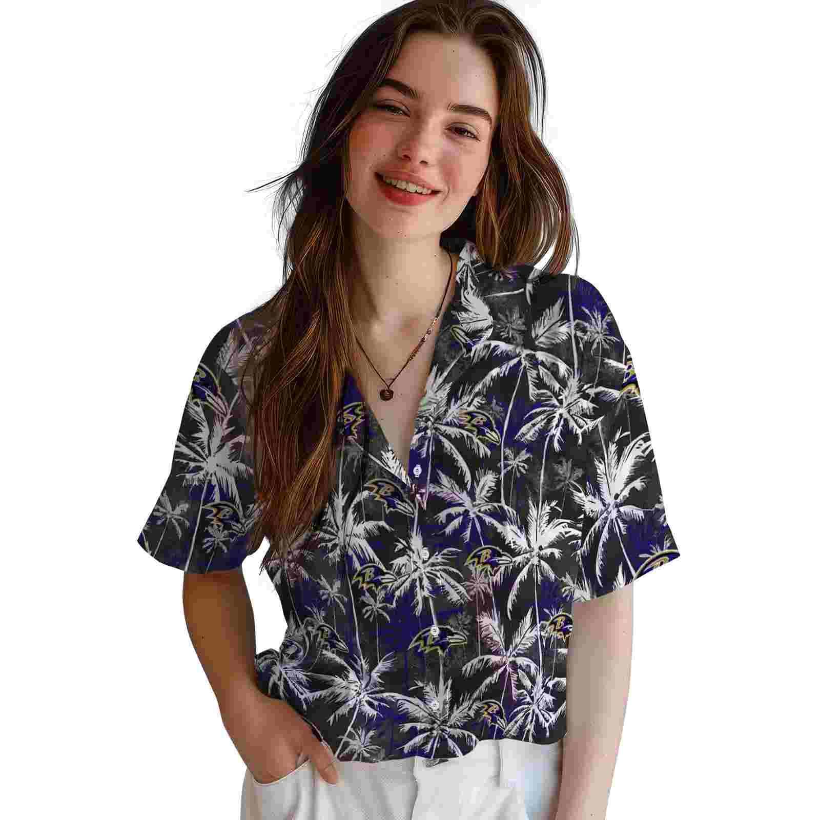 baltimore ravens palm pattern purple black hawaiian shirt latest model