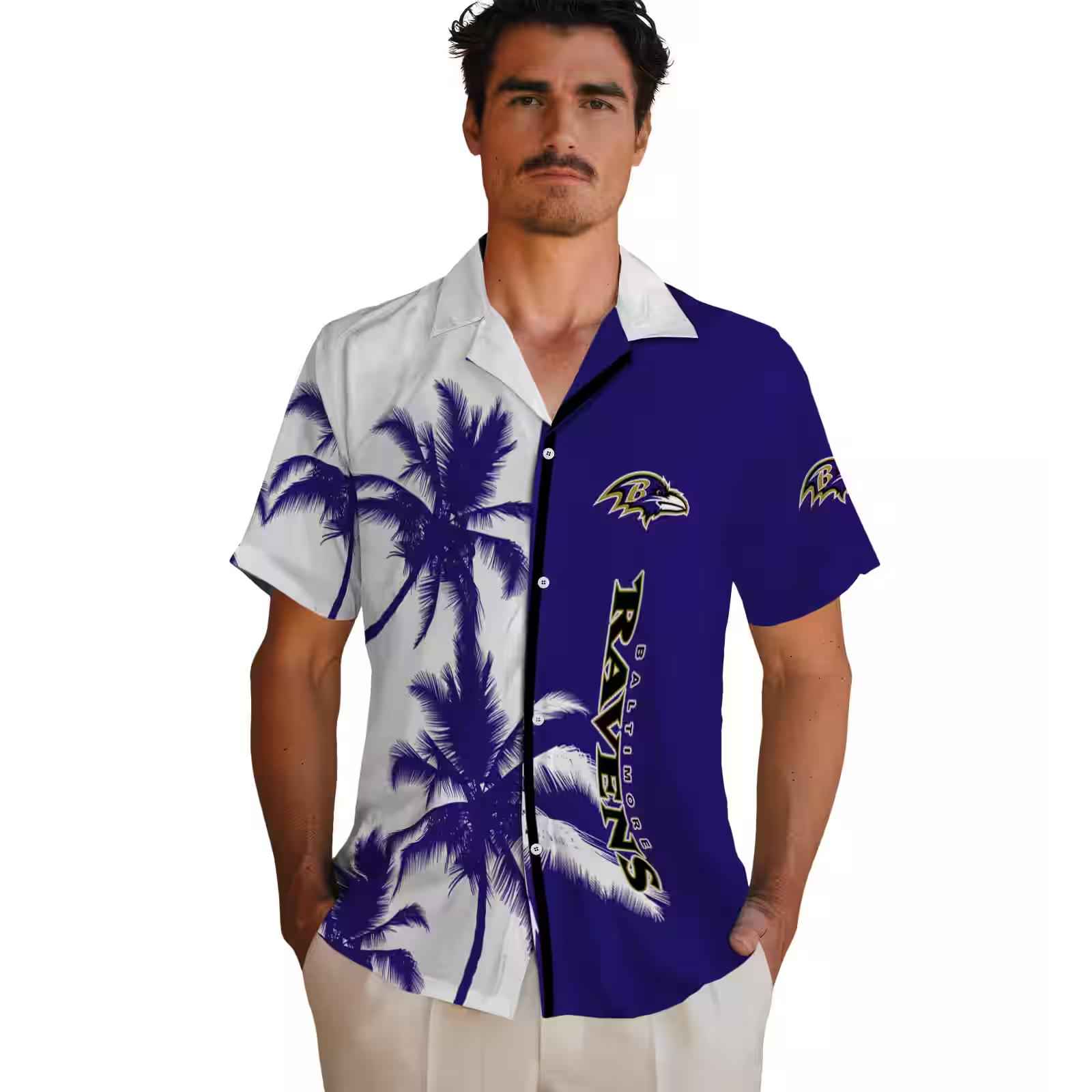 baltimore ravens palm trees purple white hawaiian shirt fashion forward