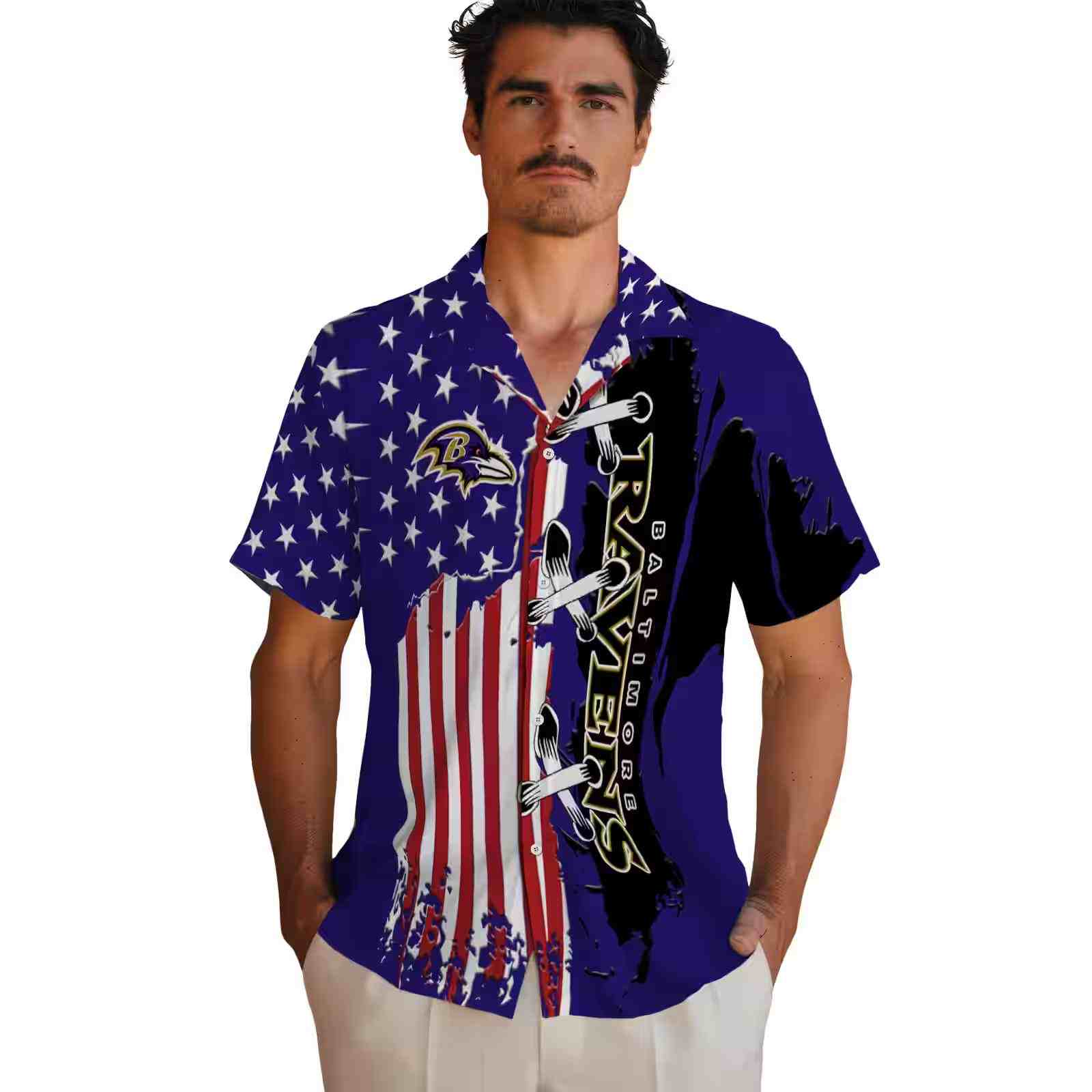 baltimore ravens stitched flag purple hawaiian shirt fashion forward