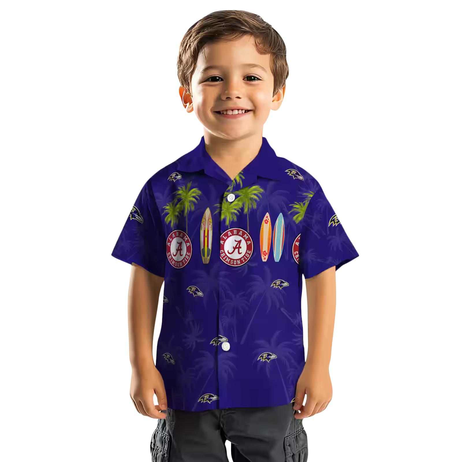 baltimore ravens surfboard palm purple hawaiian shirt top rated