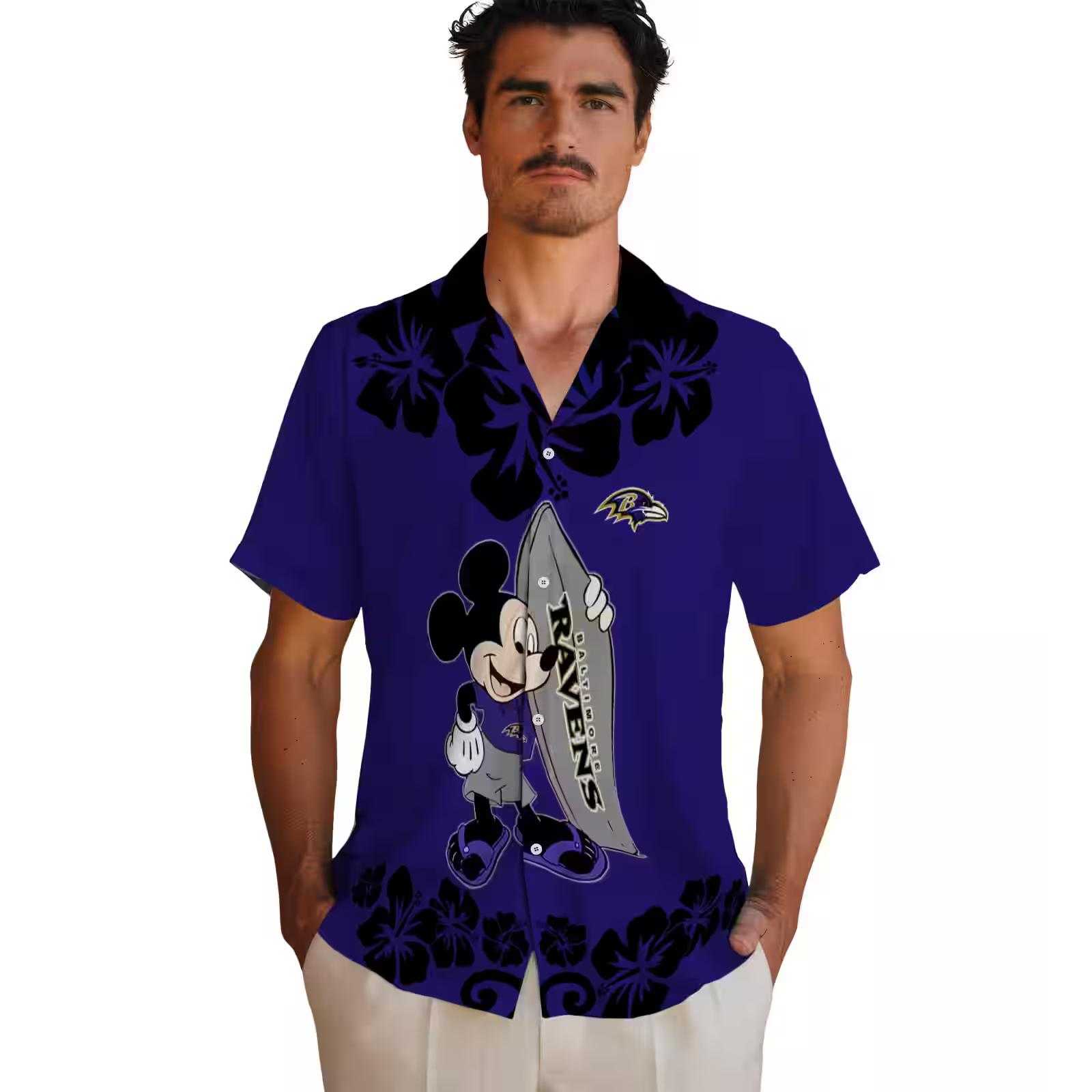 baltimore ravens surfing mickey purple hawaiian shirt fashion forward