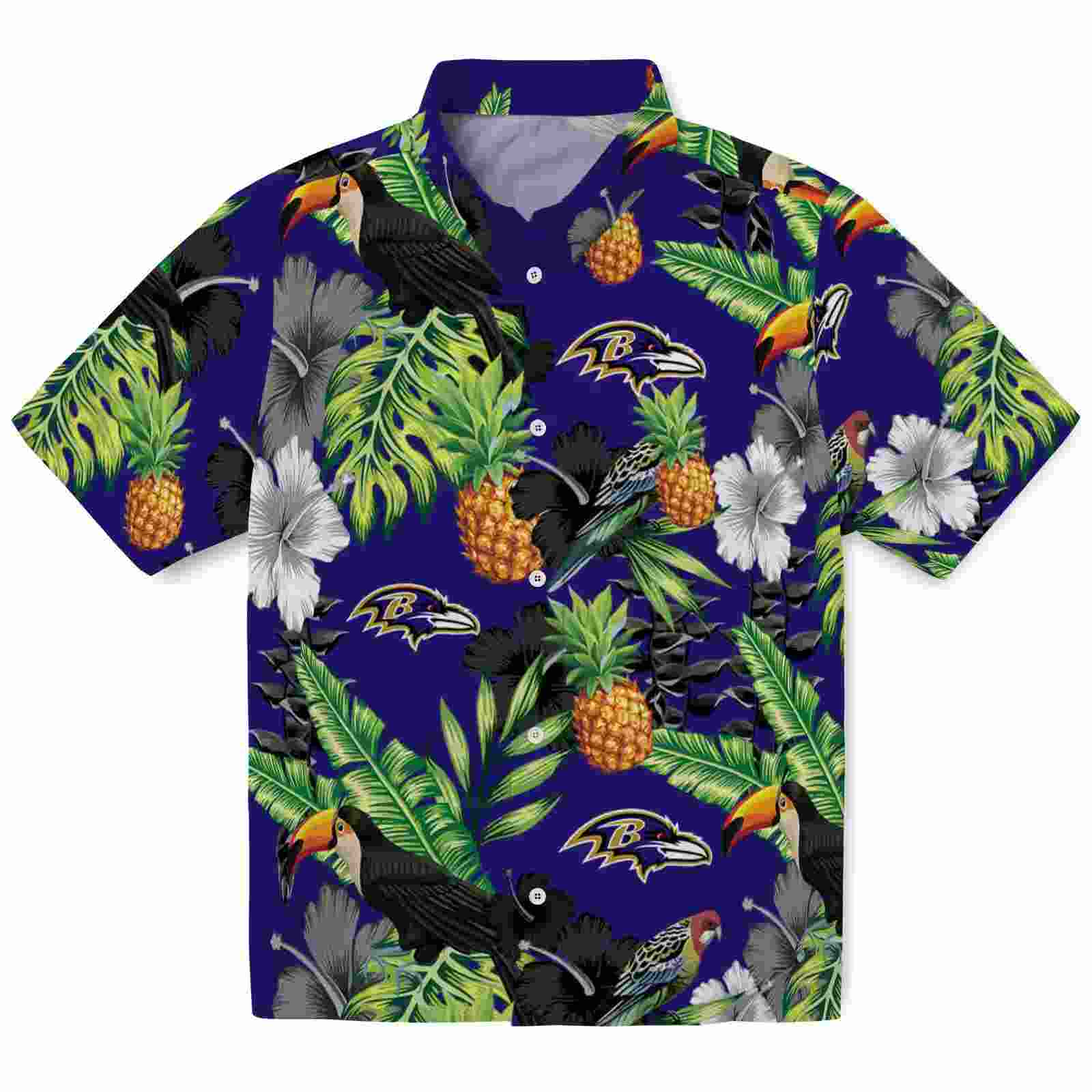 baltimore ravens toucan hibiscus pineapple purple green hawaiian shirt best selling