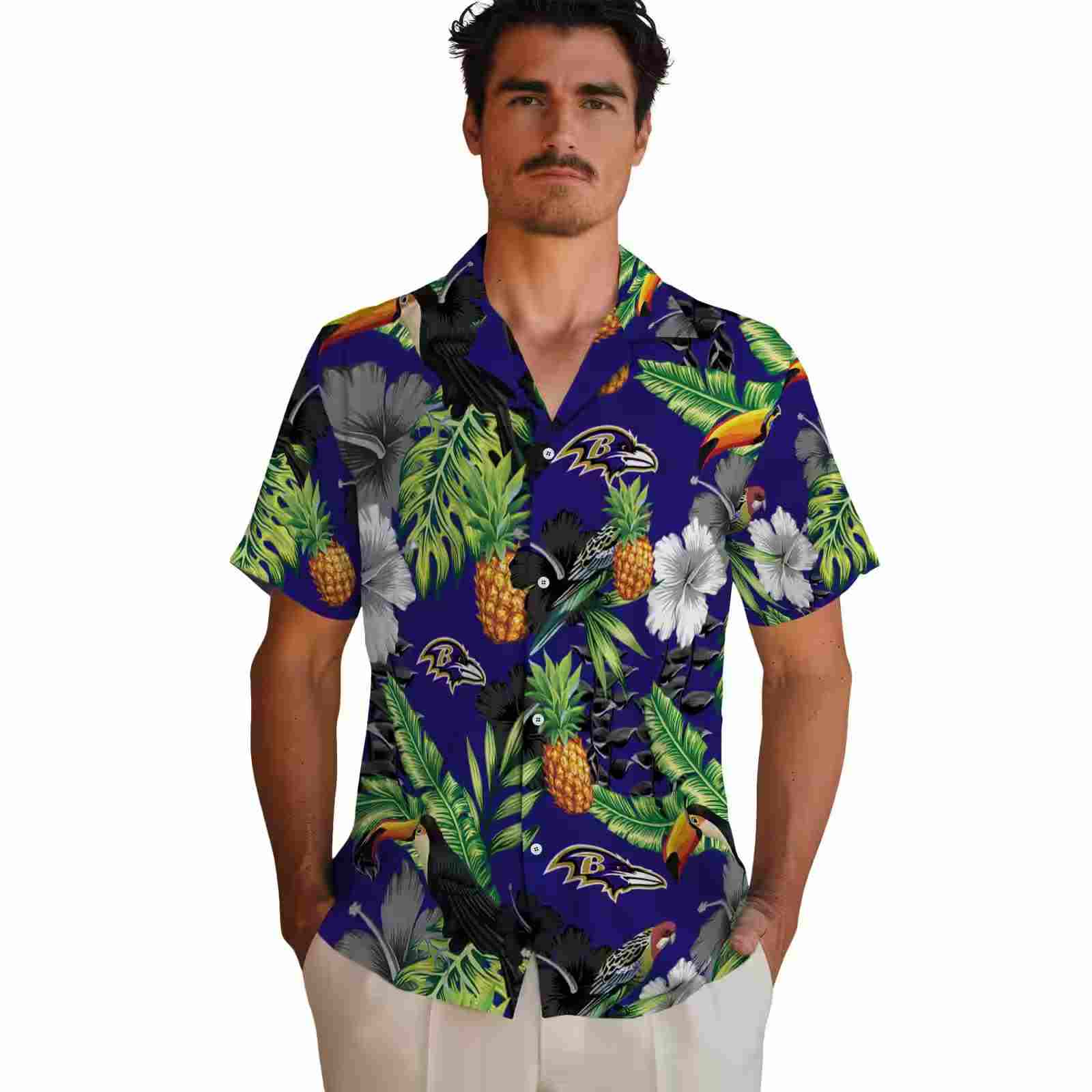 baltimore ravens toucan hibiscus pineapple purple green hawaiian shirt fashion forward