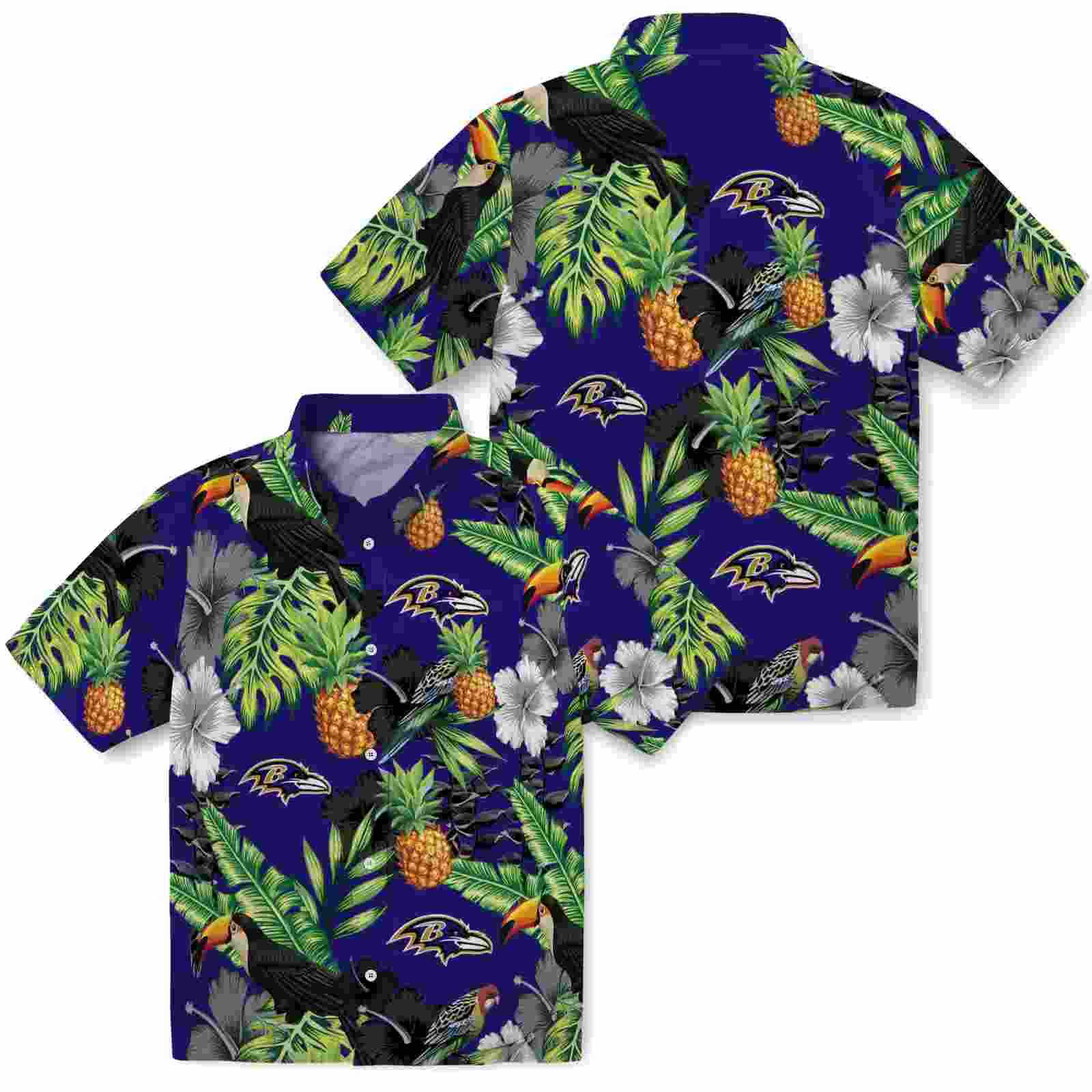 baltimore ravens toucan hibiscus pineapple purple green hawaiian shirt high quality