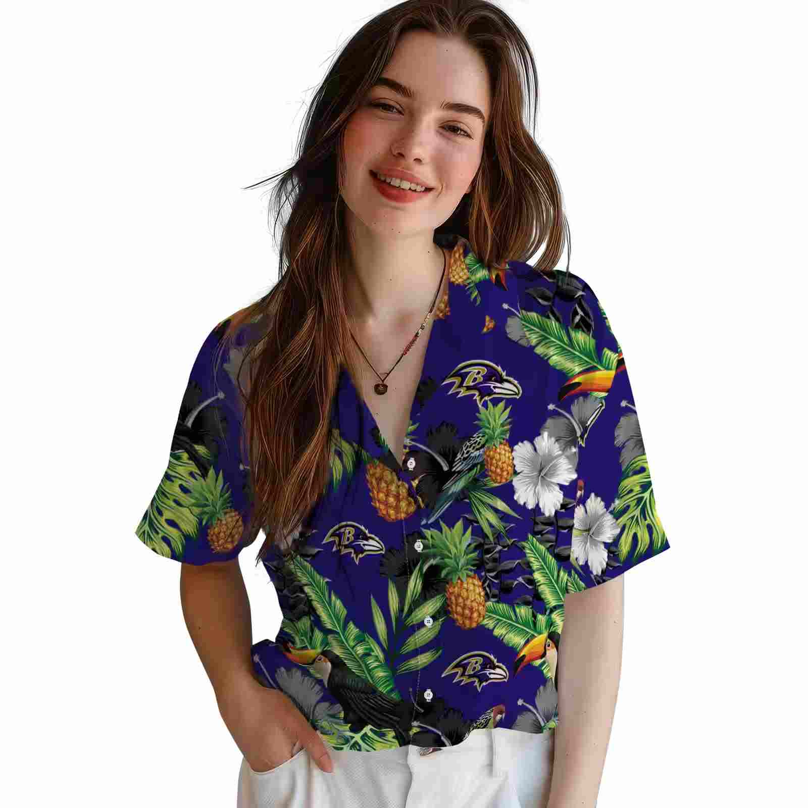 baltimore ravens toucan hibiscus pineapple purple green hawaiian shirt latest model