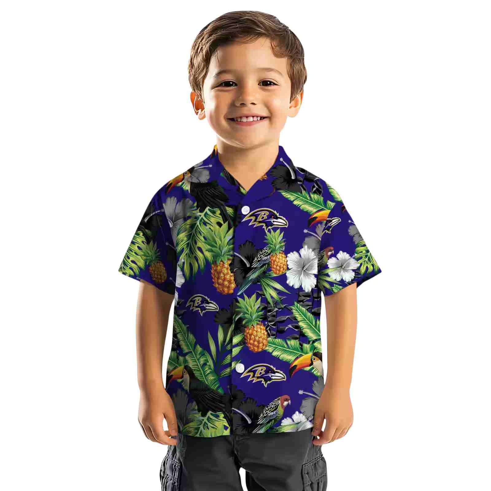 baltimore ravens toucan hibiscus pineapple purple green hawaiian shirt top rated