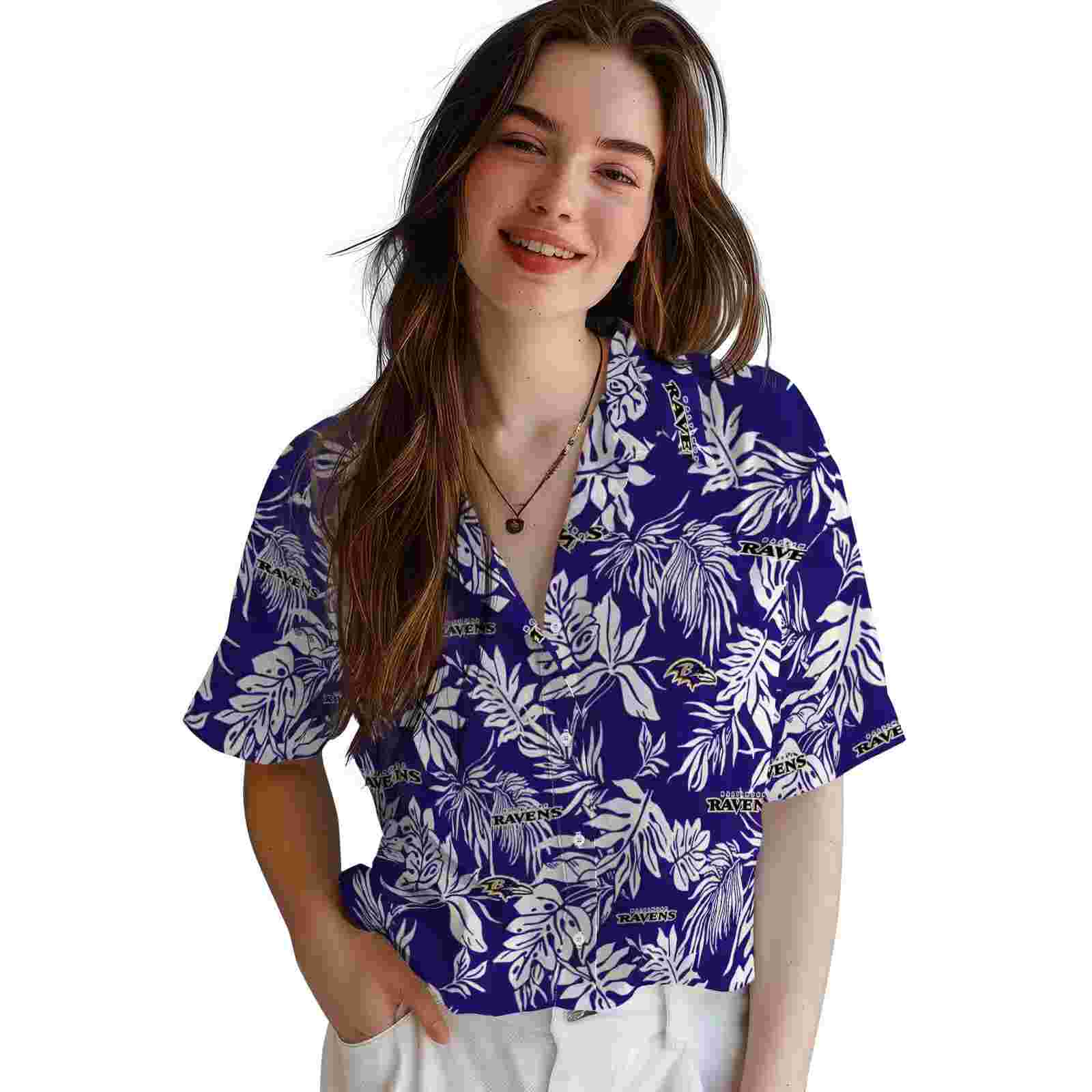 baltimore ravens tropical leaf purple white hawaiian shirt latest model