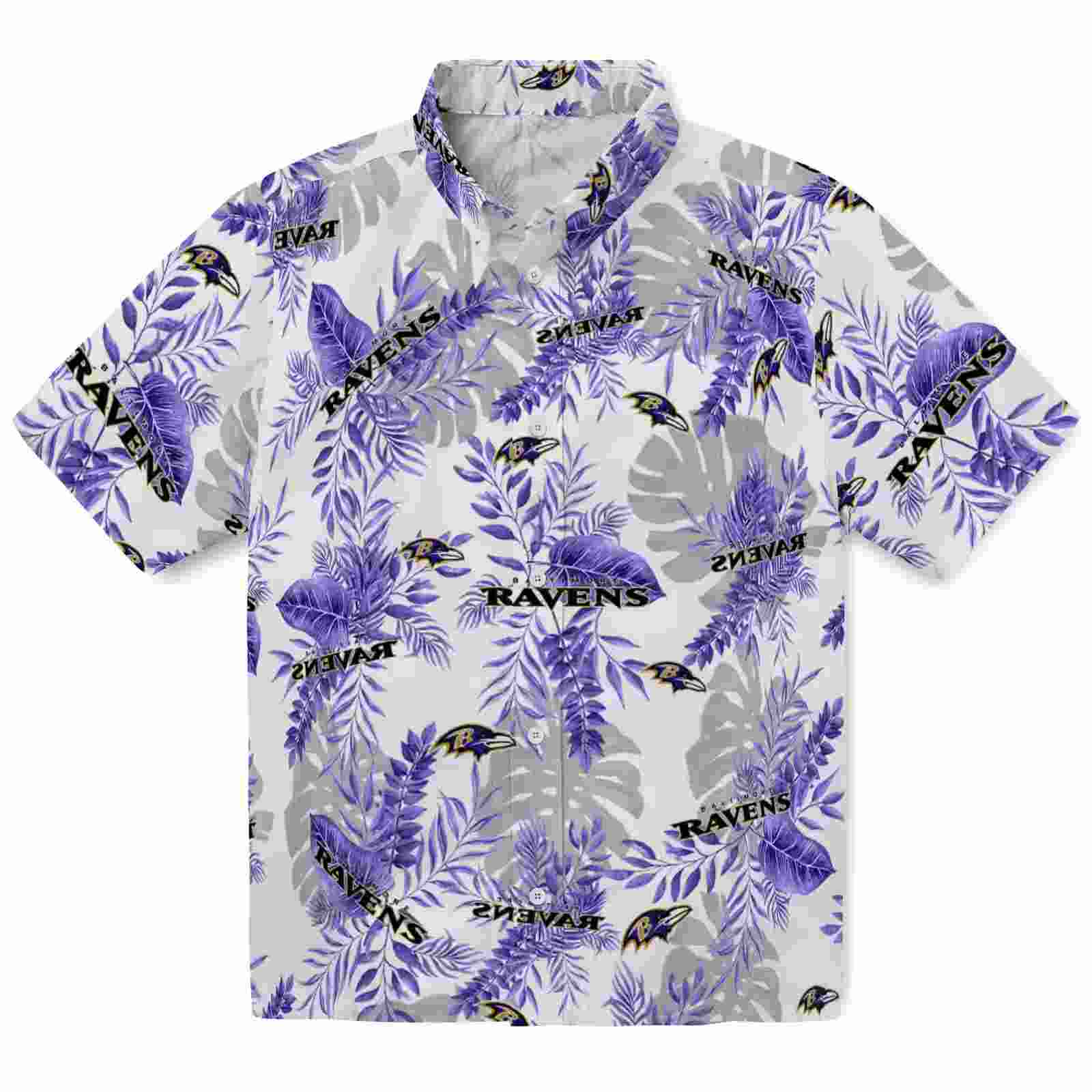 Baltimore Ravens Tropical Leaves Purple White Hawaiian Shirt