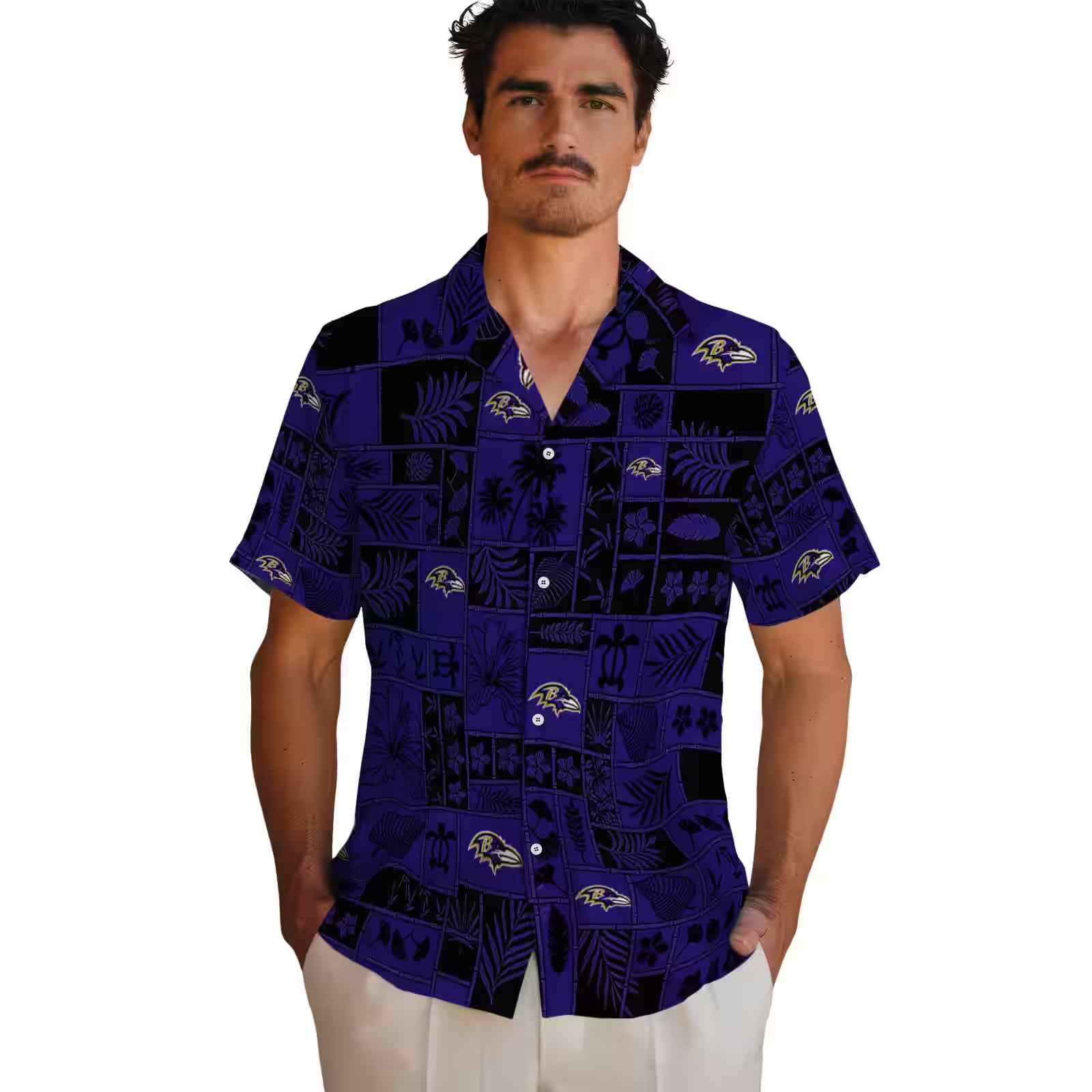 baltimore ravens tropical patchwork purple black hawaiian shirt fashion forward