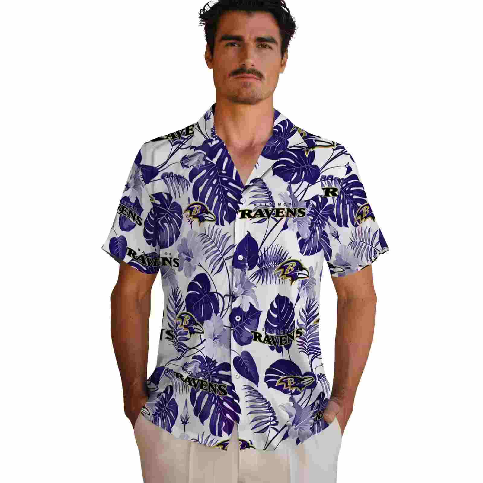 baltimore ravens tropical plants purple white hawaiian shirt fashion forward