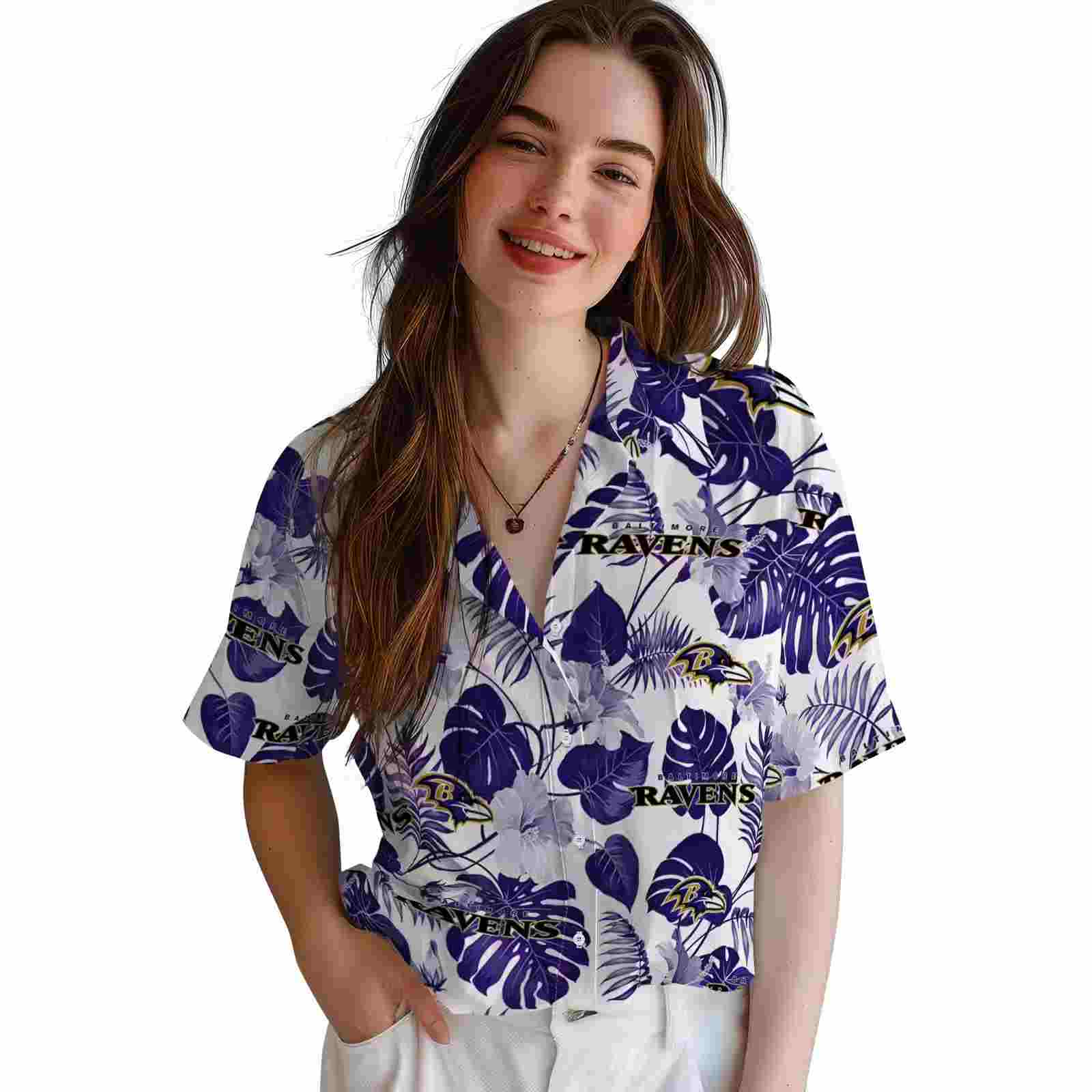 baltimore ravens tropical plants purple white hawaiian shirt latest model