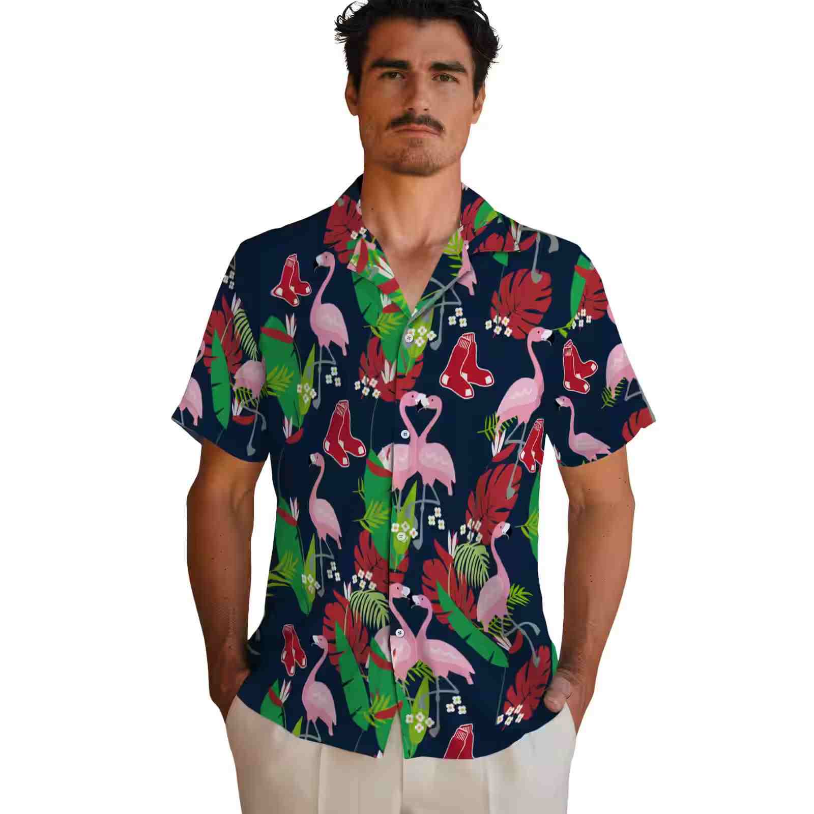 boston red sox flamingo foliage red green hawaiian shirt fashion forward