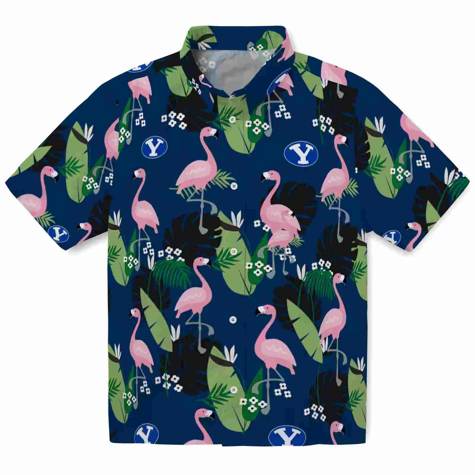 BYU Cougars Flamingo Leaf Motif Blue Hawaiian Shirt