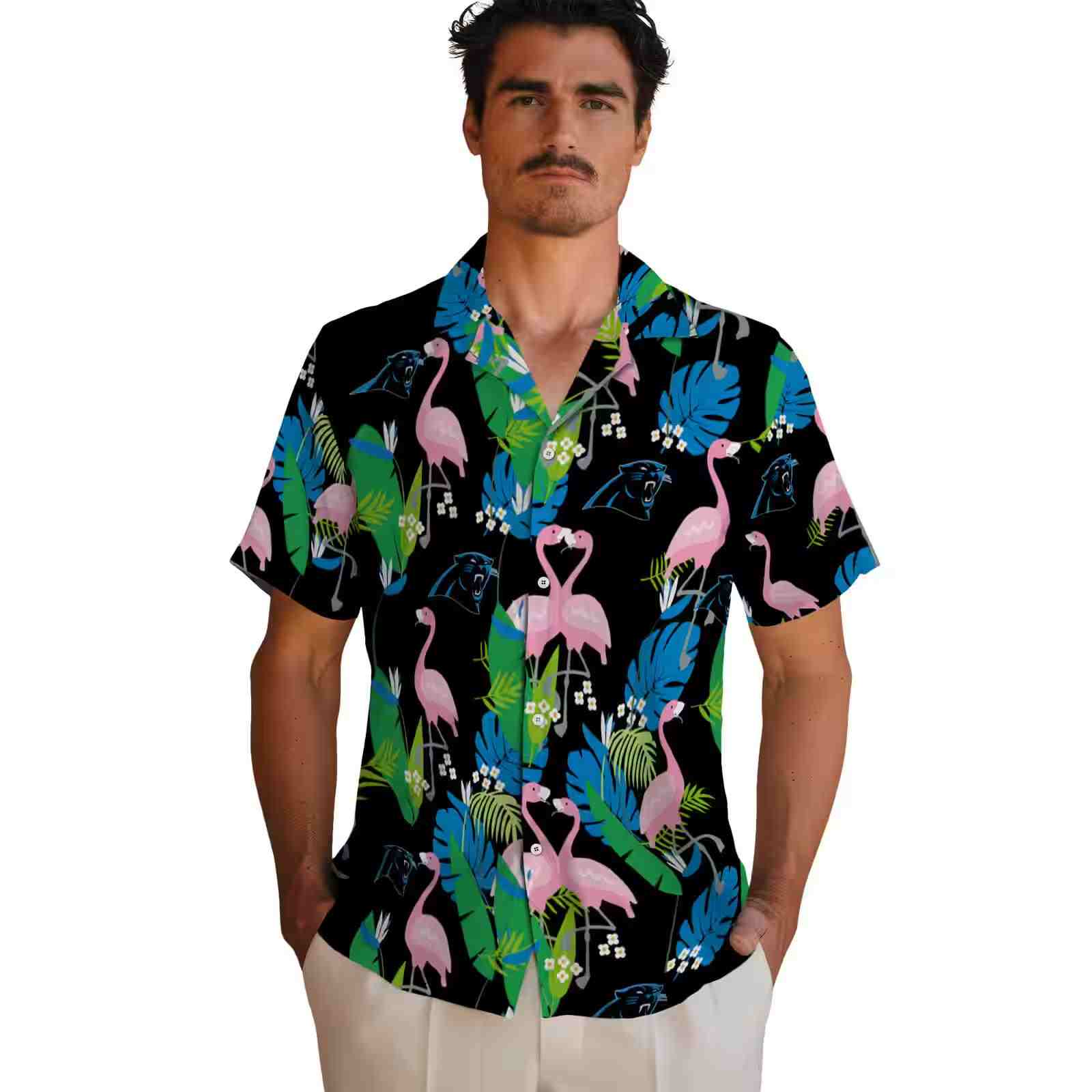 carolina panthers flamingo foliage blue green hawaiian shirt fashion forward