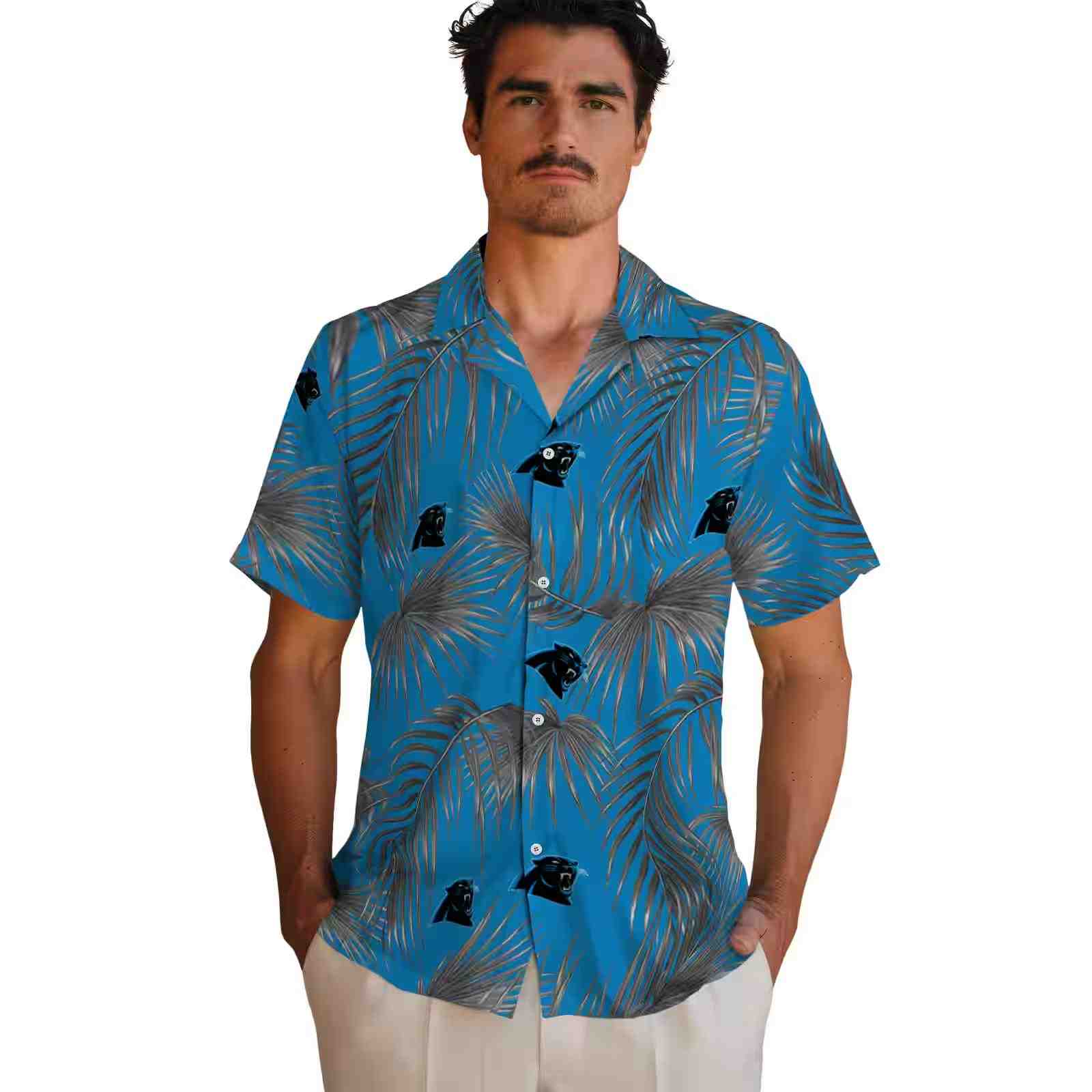 carolina panthers leafy palms blue hawaiian shirt fashion forward