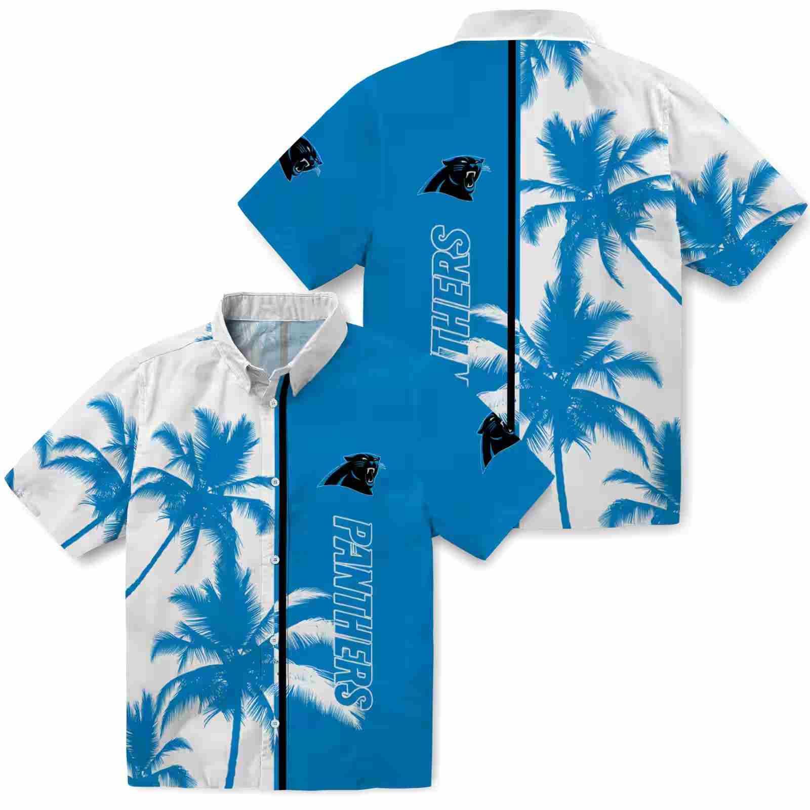 carolina panthers palm trees blue white hawaiian shirt high quality