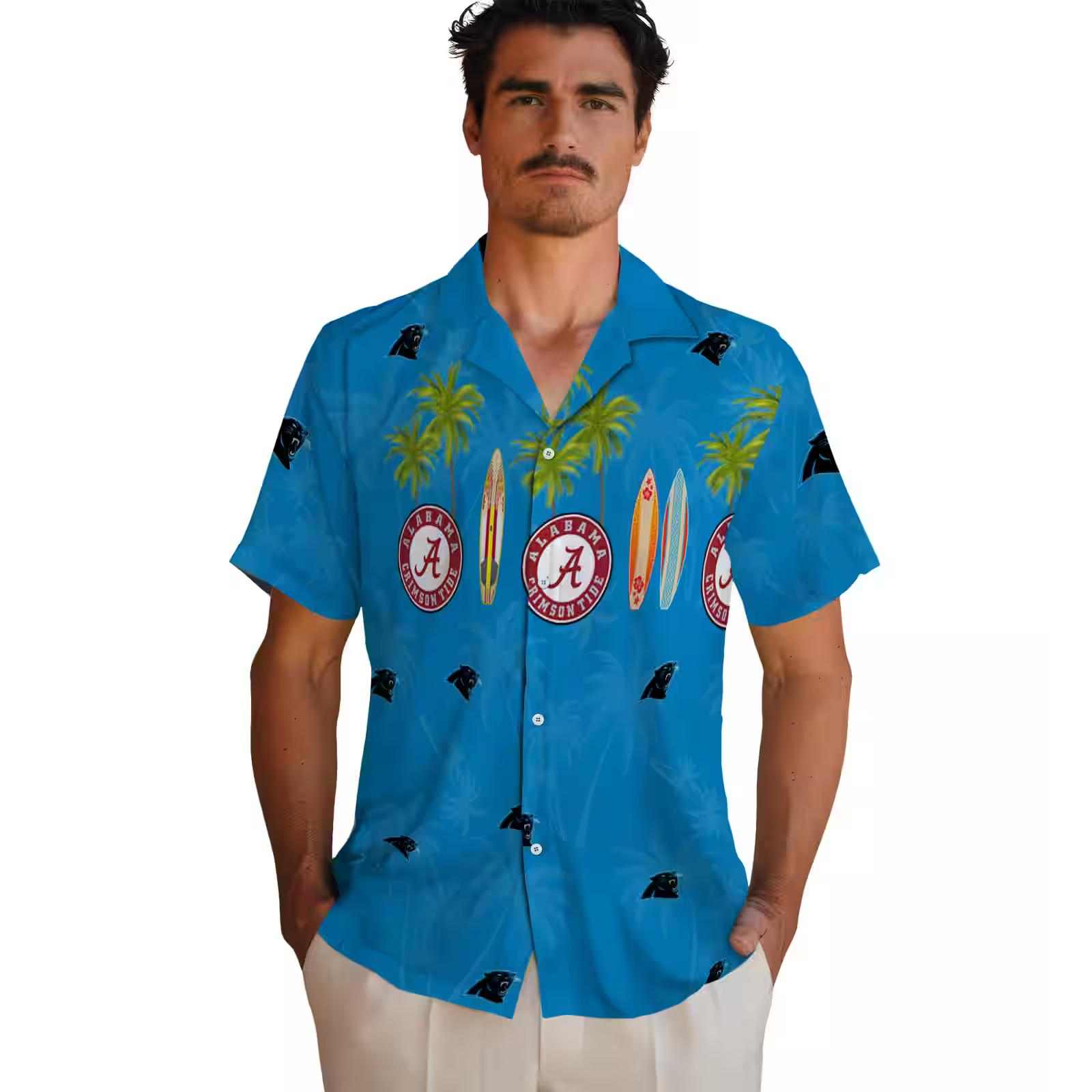 carolina panthers surfboard palm blue hawaiian shirt fashion forward