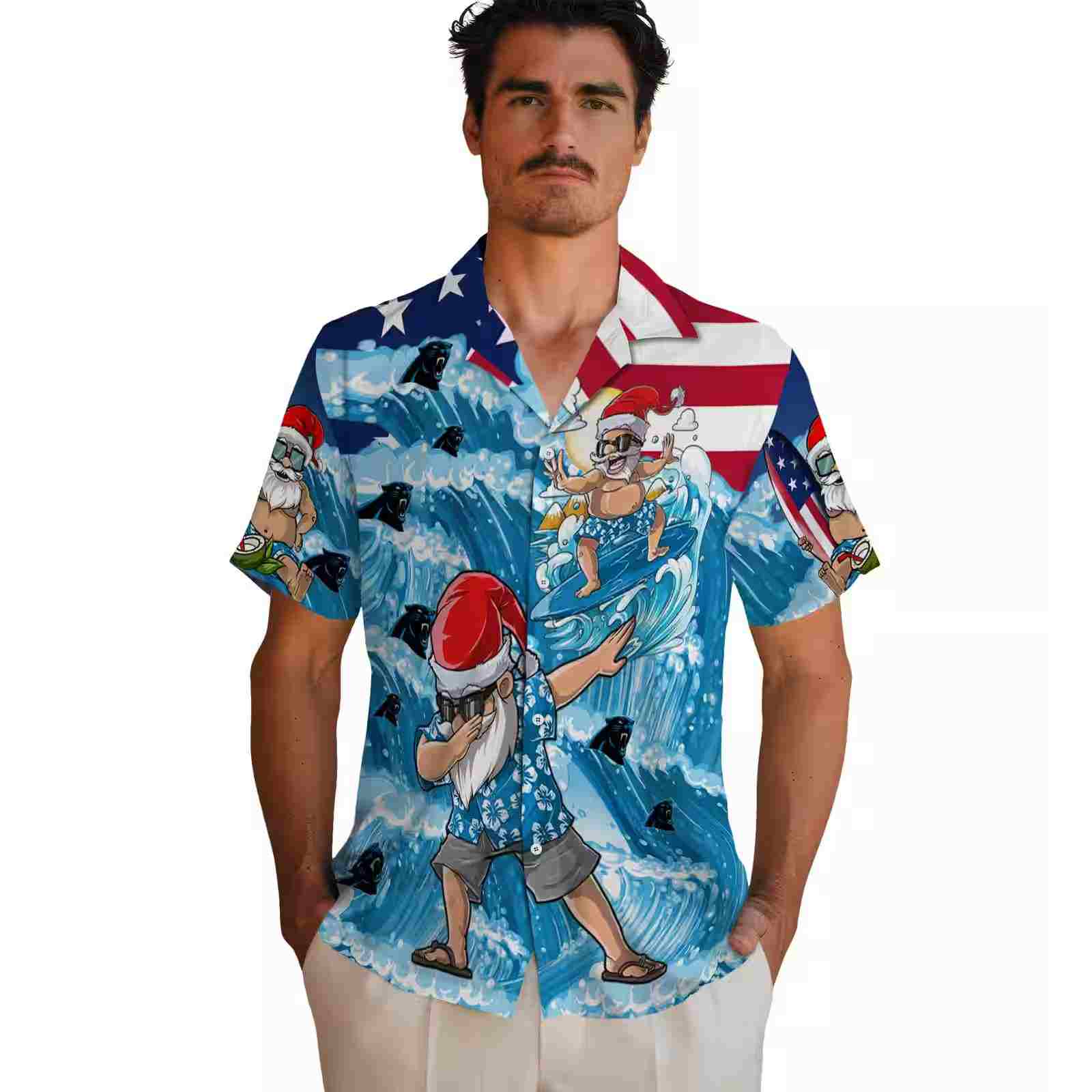 carolina panthers surfing santa blue hawaiian shirt fashion forward