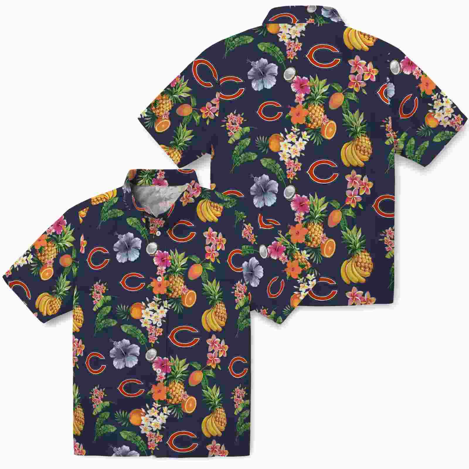 chicago bears hibiscus and fruit navy blue hawaiian shirt high quality