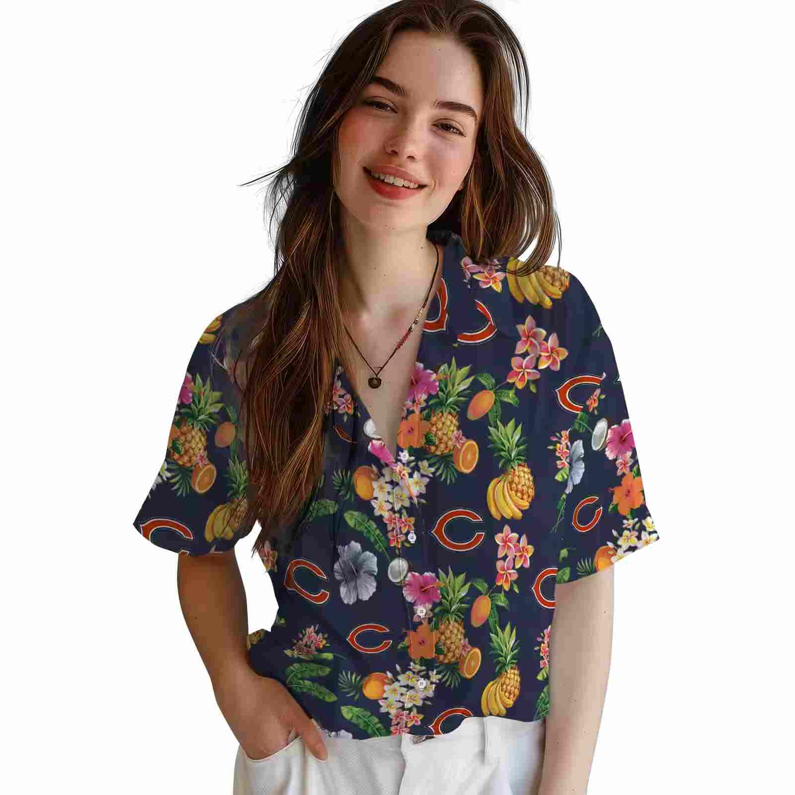 chicago bears hibiscus and fruit navy blue hawaiian shirt latest model