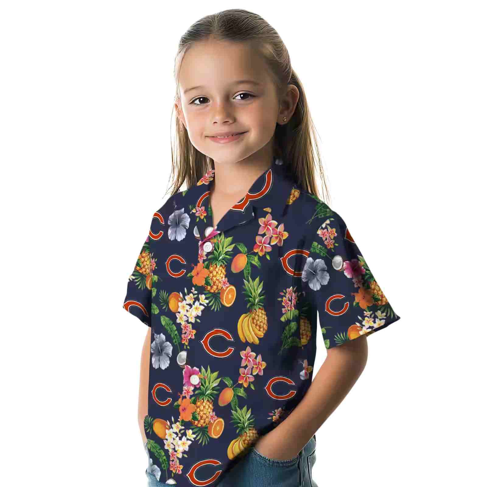 chicago bears hibiscus and fruit navy blue hawaiian shirt premium grade