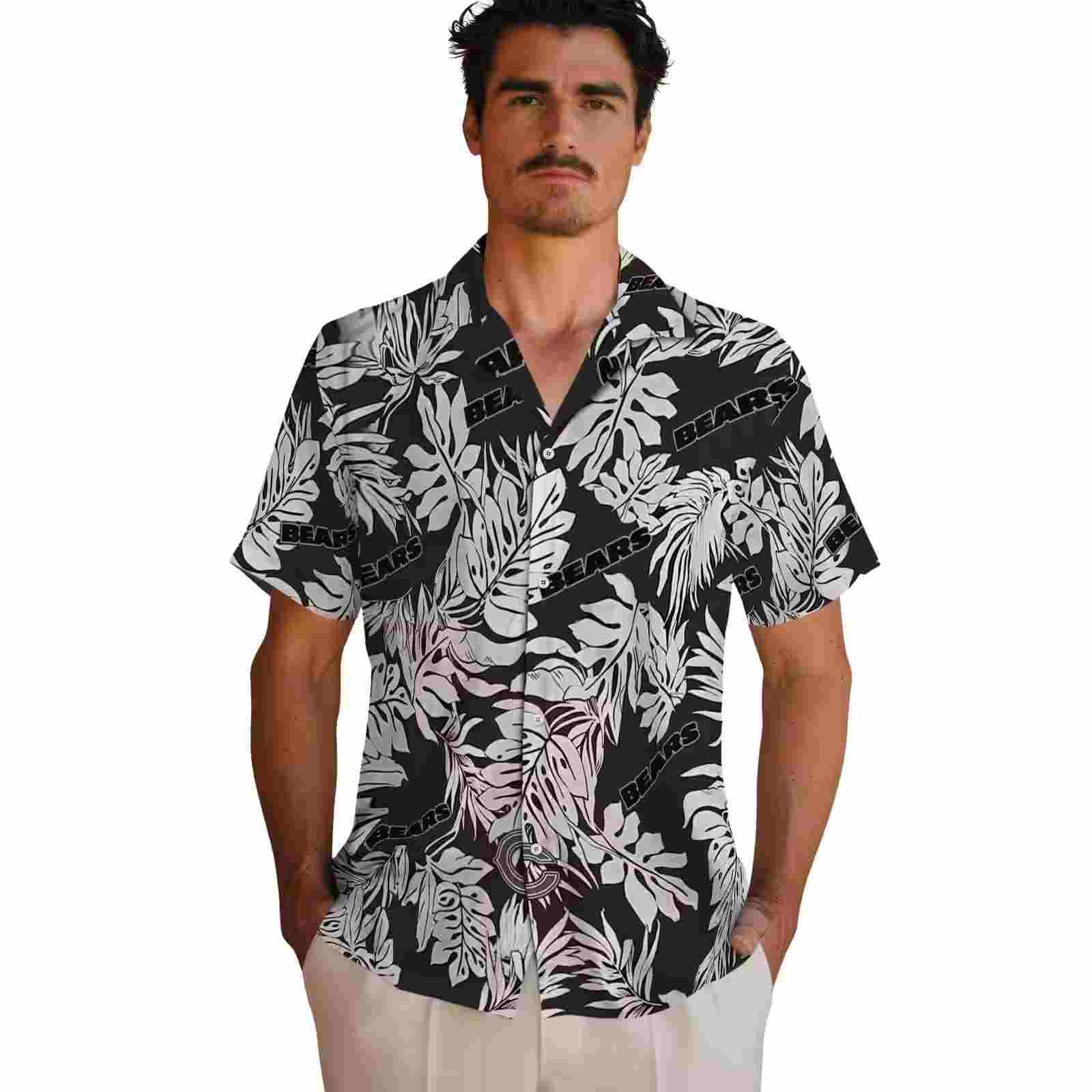 chicago bears monstera leaf pattern black hawaiian shirt fashion forward