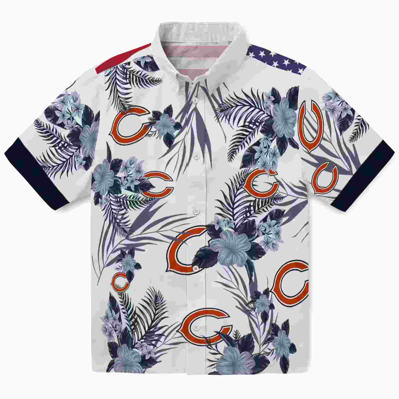 Chicago Bears Patriotic Hibiscus Design Blue White Hawaiian Shirt