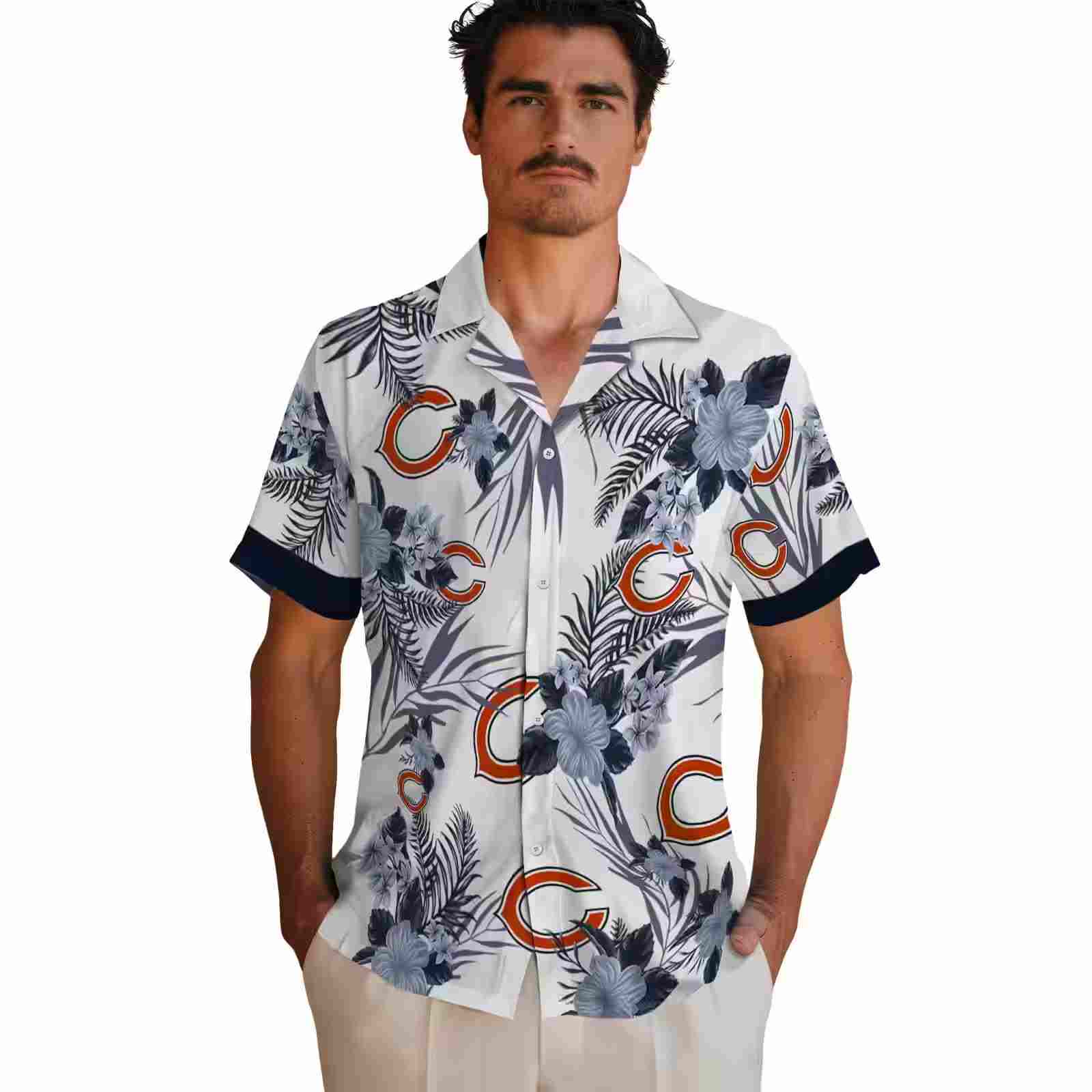 chicago bears patriotic hibiscus design blue white hawaiian shirt fashion forward