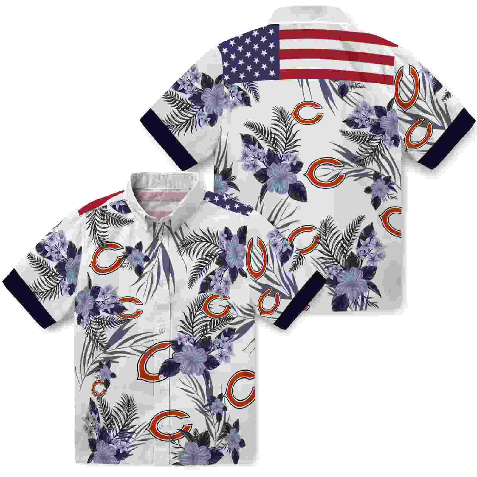 chicago bears patriotic hibiscus design blue white hawaiian shirt high quality