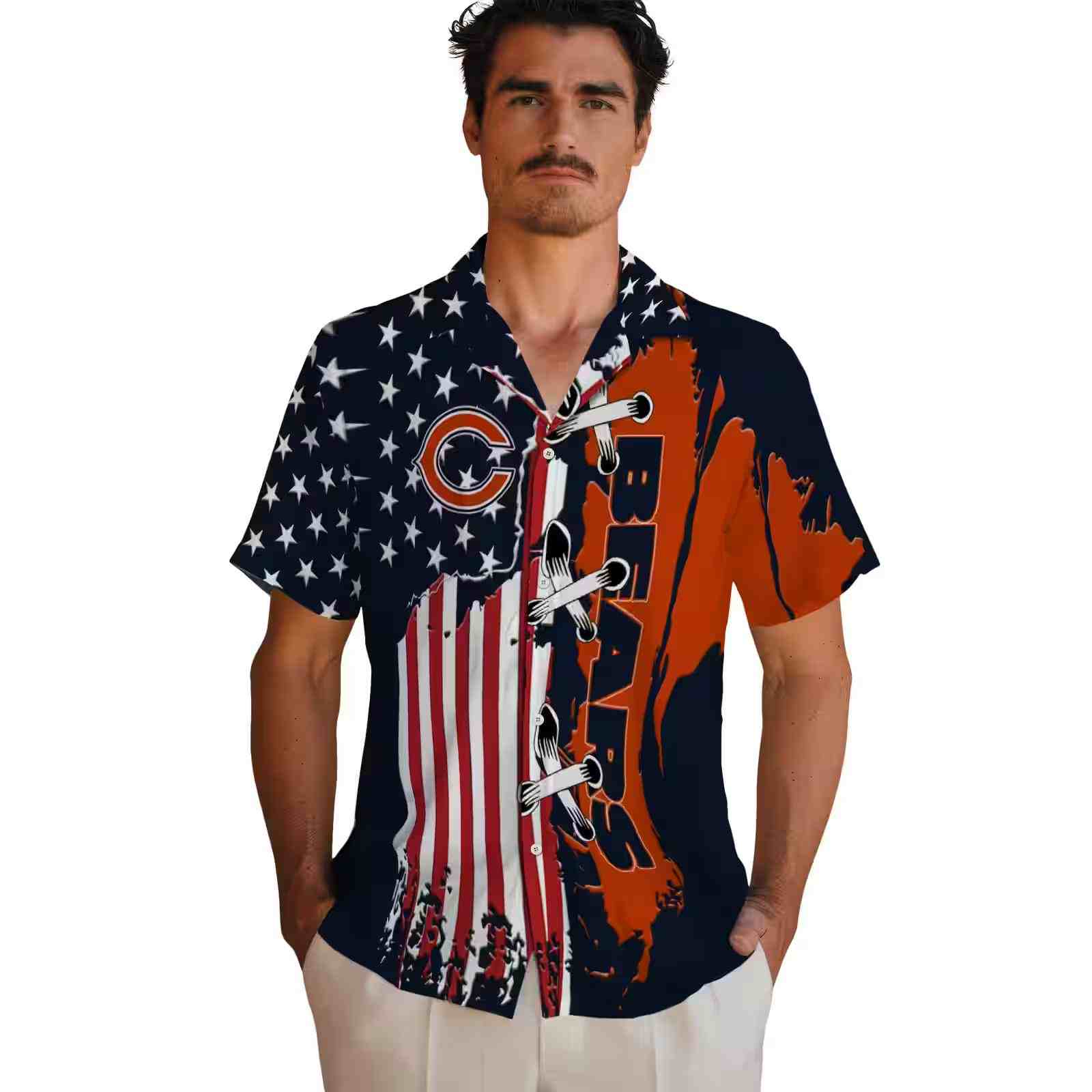 chicago bears stitched flag blue hawaiian shirt fashion forward