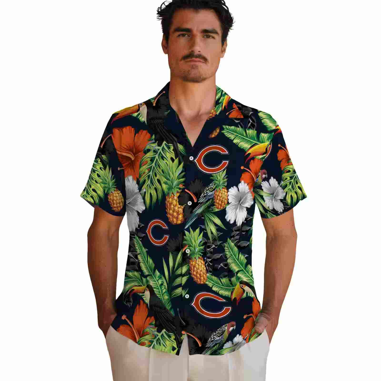 chicago bears toucan hibiscus pineapple blue green hawaiian shirt fashion forward