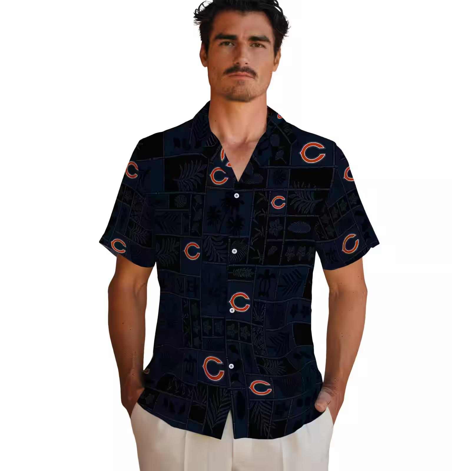 chicago bears tropical patchwork blue black hawaiian shirt fashion forward