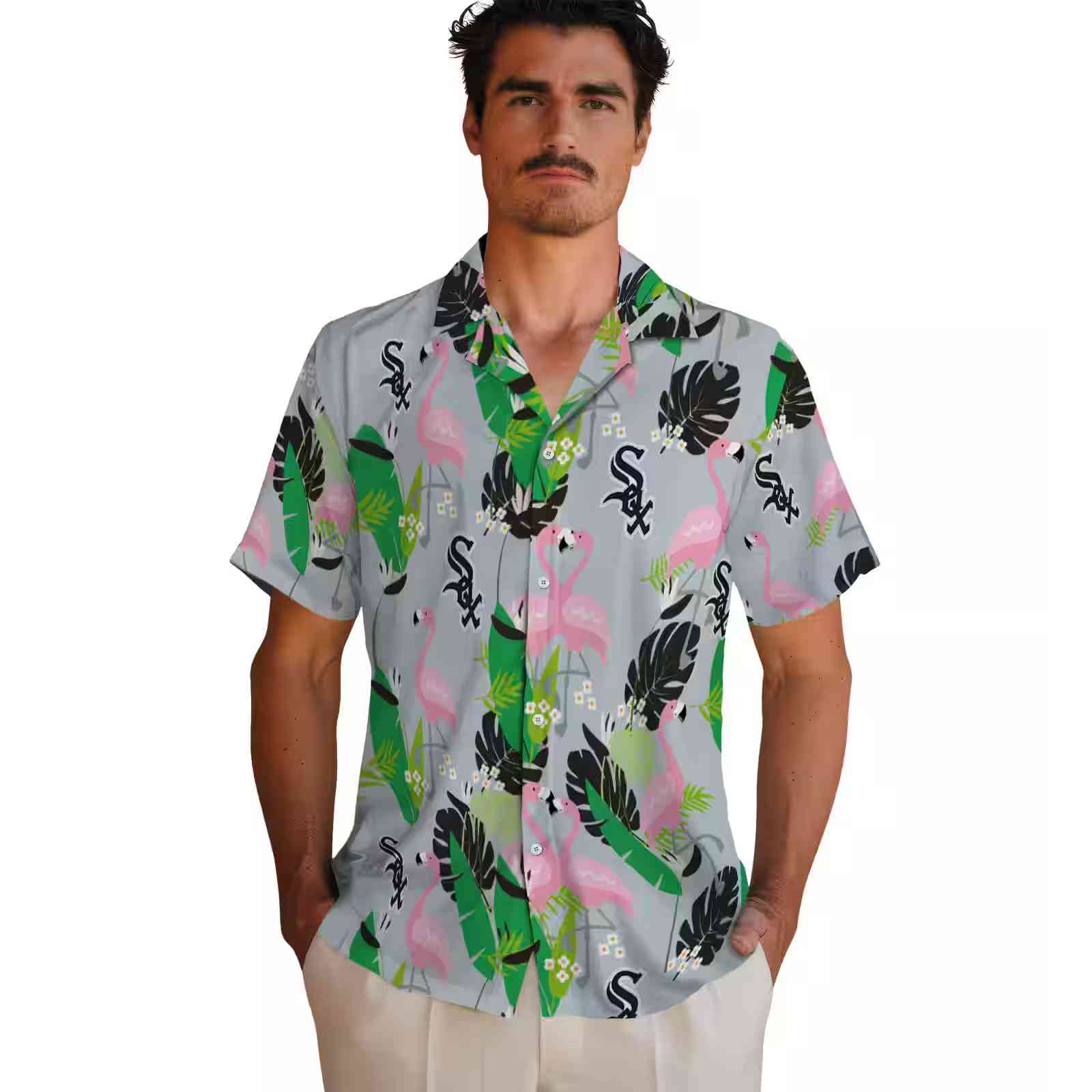 chicago white sox flamingo foliage black green hawaiian shirt fashion forward