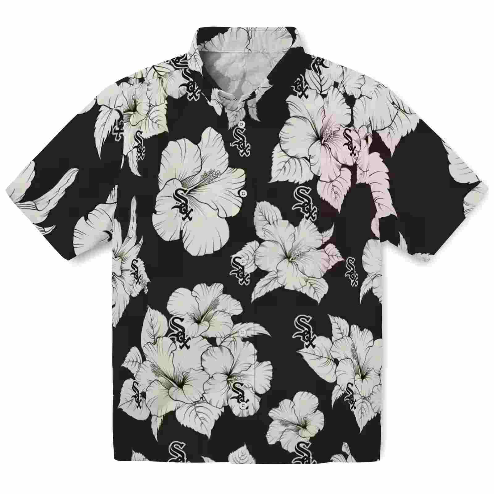 Chicago White Sox Hibiscus Blooms Black White Hawaiian Shirt