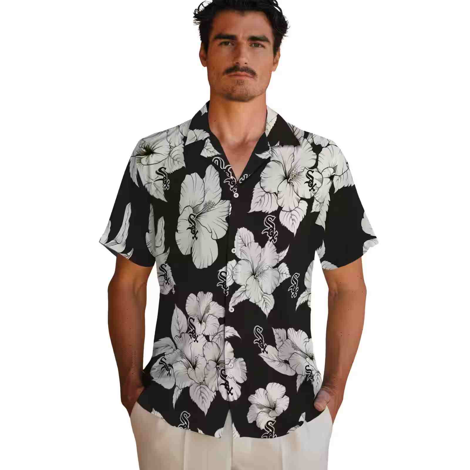 chicago white sox hibiscus blooms black white hawaiian shirt fashion forward