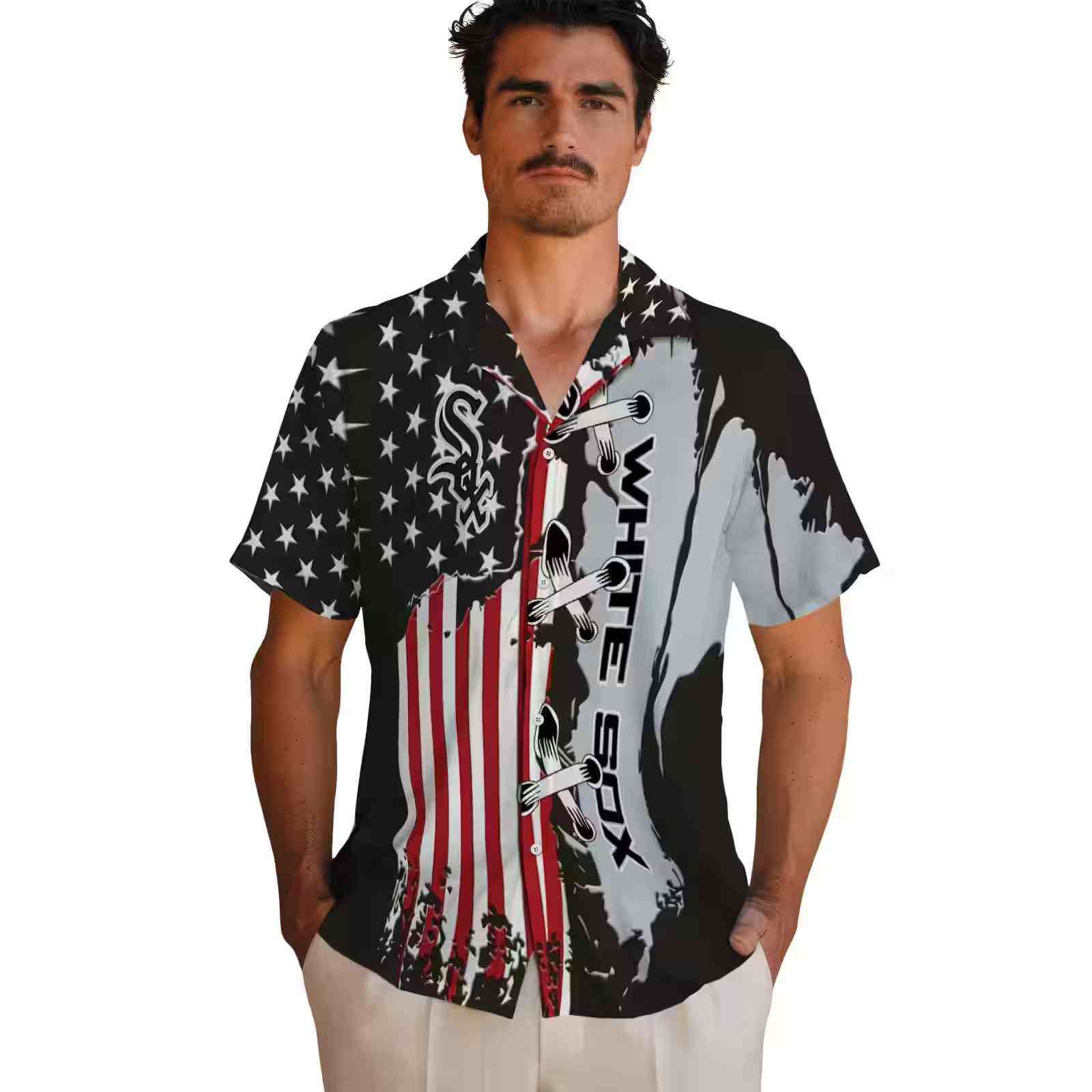 chicago white sox stitched flag black hawaiian shirt fashion forward