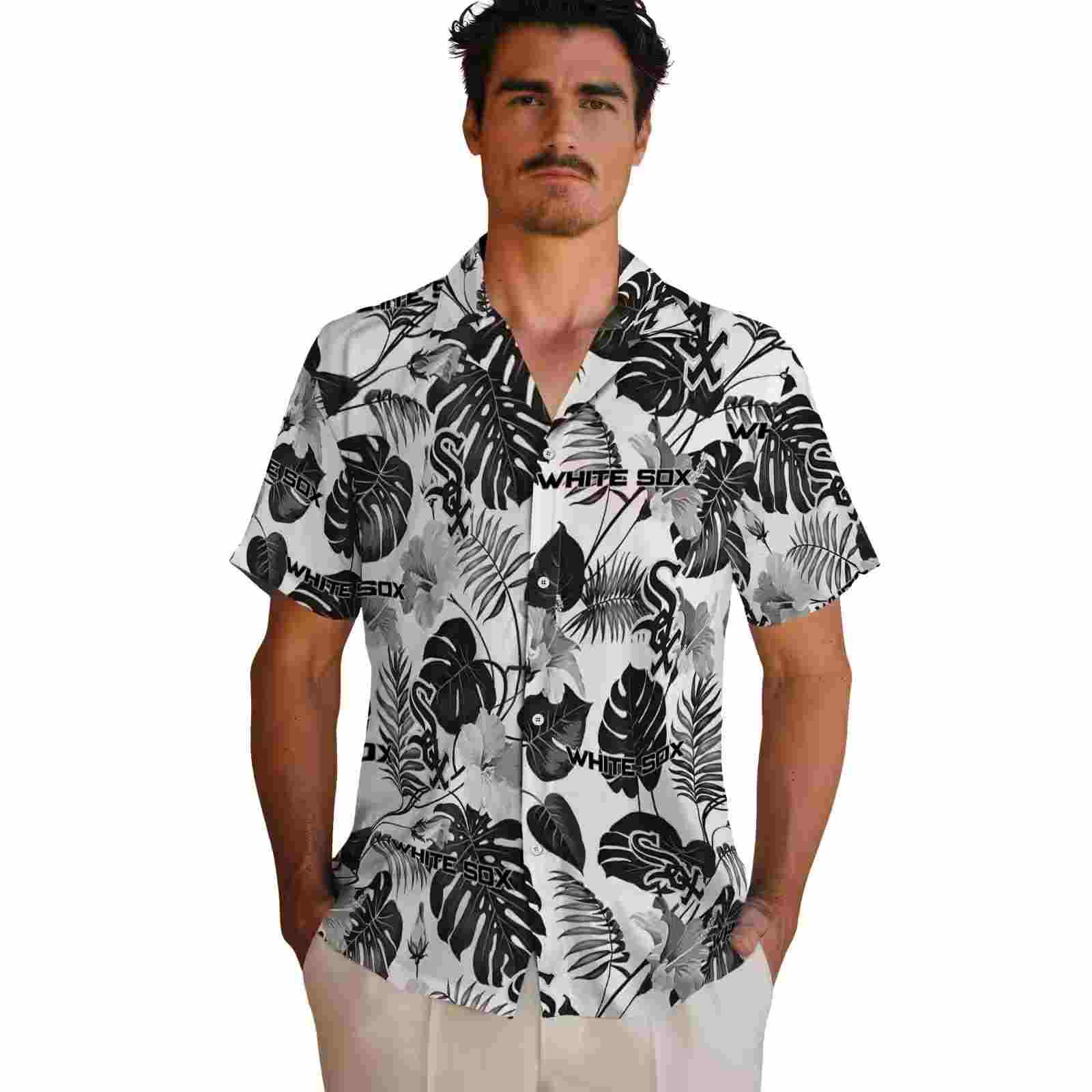 chicago white sox tropical plants black white hawaiian shirt fashion forward