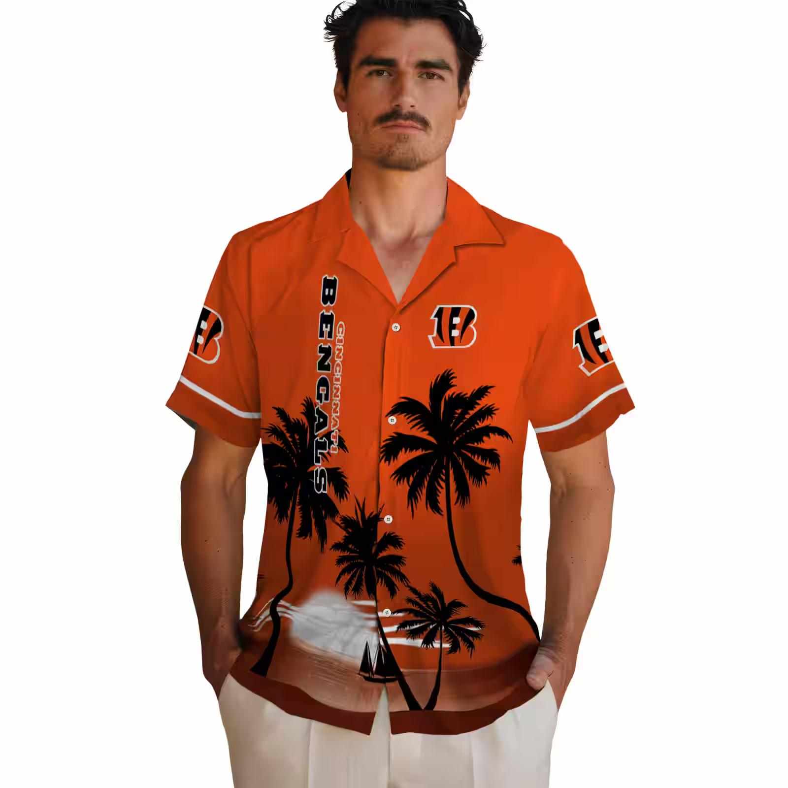 cincinnati bengals beach sunset orange black hawaiian shirt fashion forward