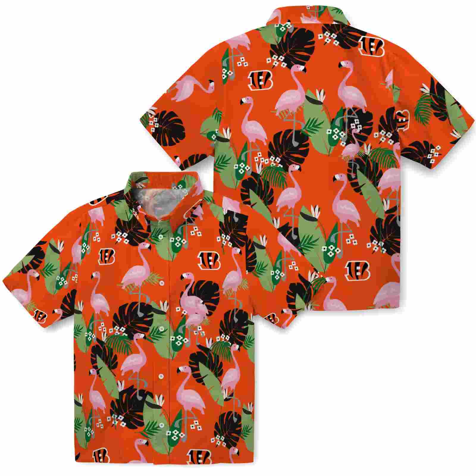 cincinnati bengals flamingo leaf motif orange hawaiian shirt high quality