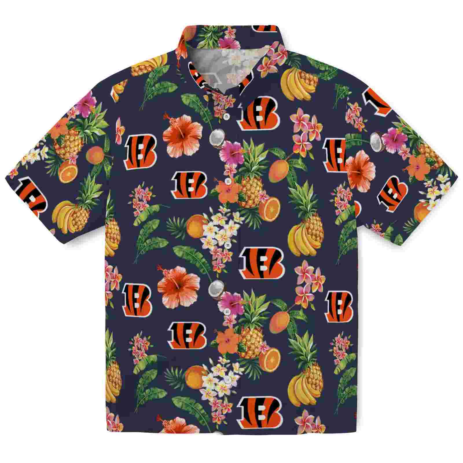 Cincinnati Bengals Hibiscus And Fruit Navy Blue Hawaiian Shirt