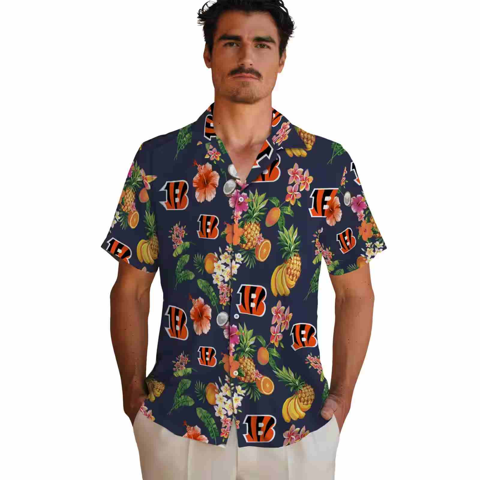 cincinnati bengals hibiscus and fruit navy blue hawaiian shirt fashion forward