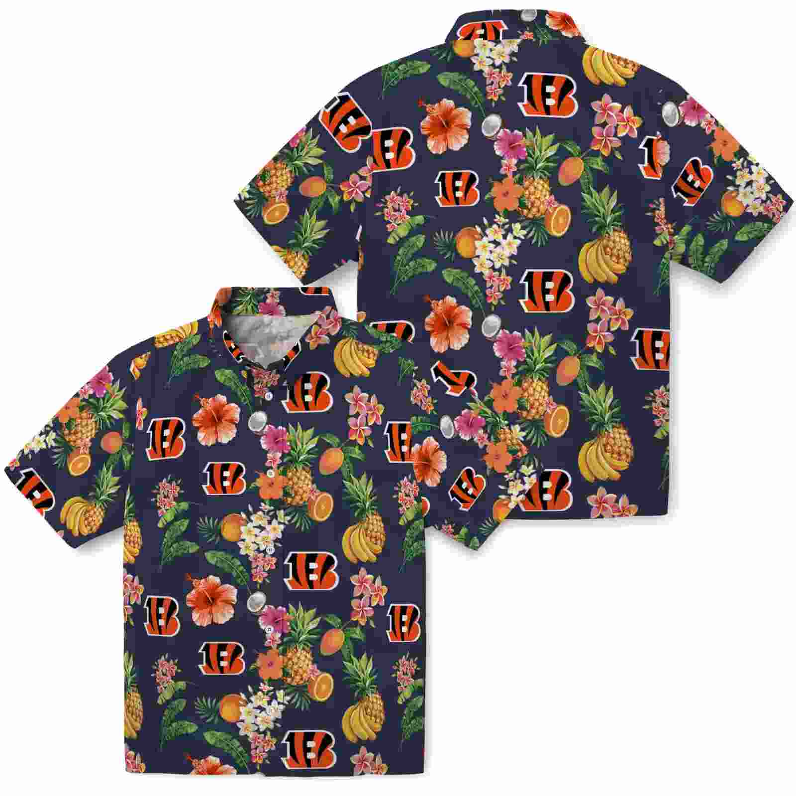 cincinnati bengals hibiscus and fruit navy blue hawaiian shirt high quality