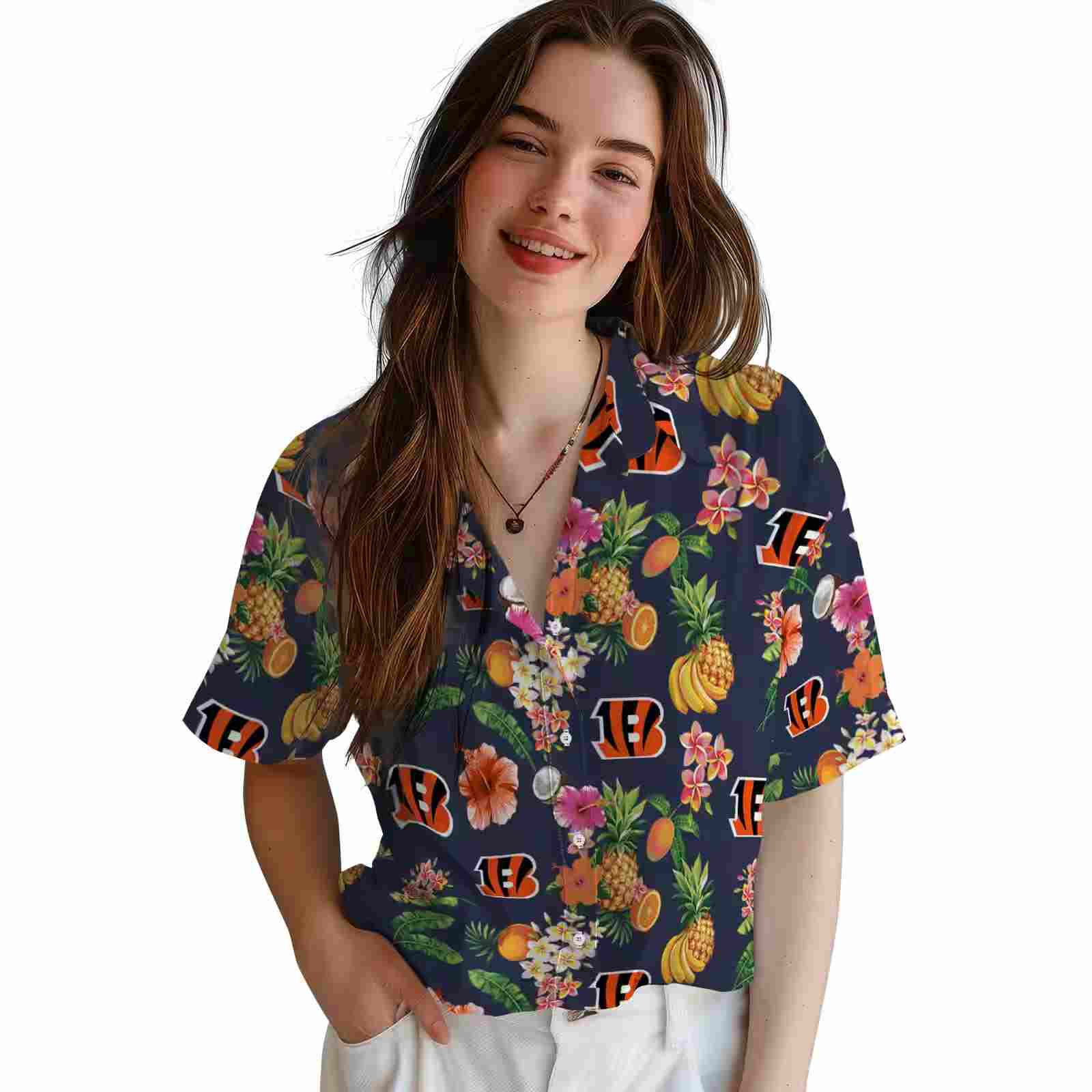 cincinnati bengals hibiscus and fruit navy blue hawaiian shirt latest model