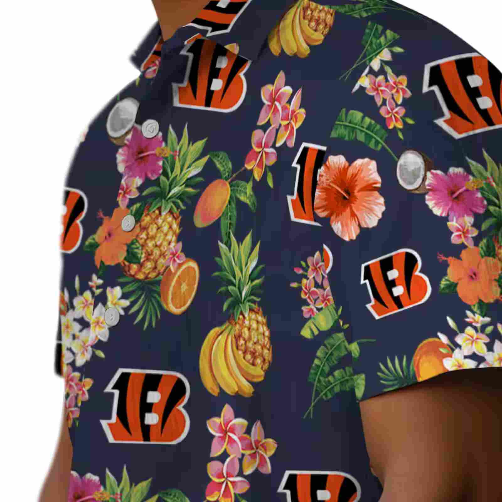 cincinnati bengals hibiscus and fruit navy blue hawaiian shirt trendy